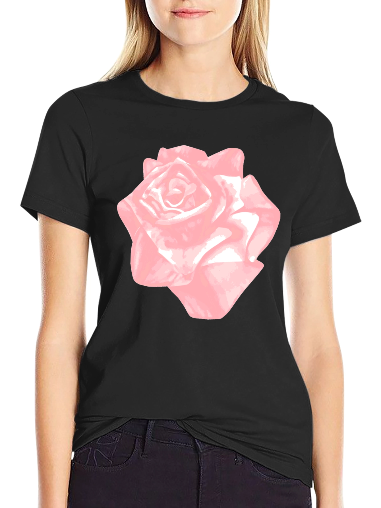 Pink Rose Graphic Black T-Shirt