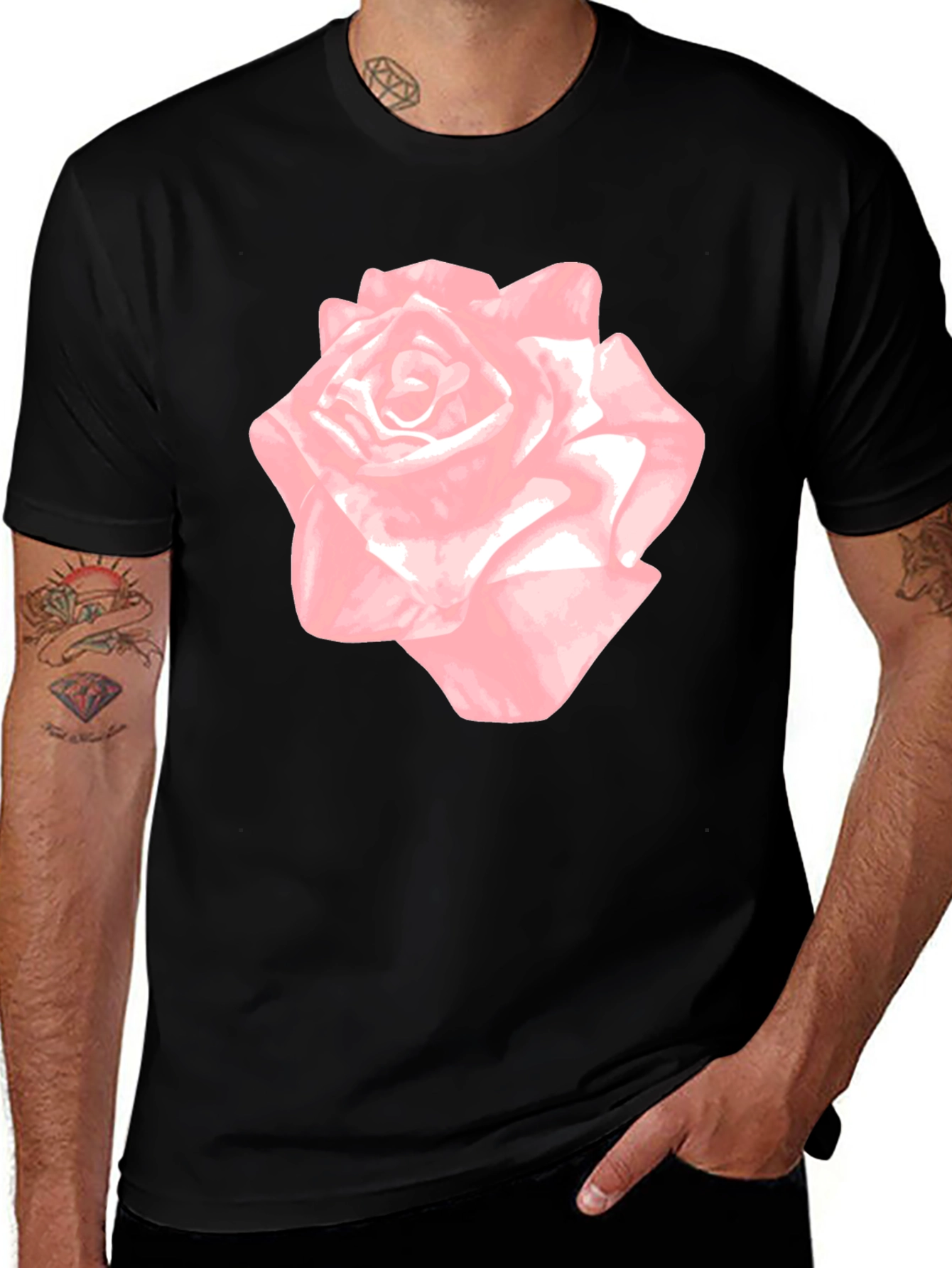 Pink Rose Graphic Black T-Shirt