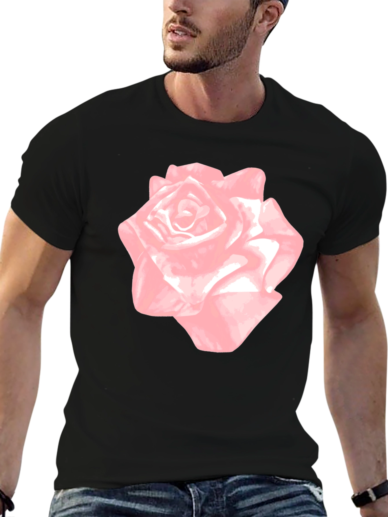 Pink Rose Graphic Black T-Shirt