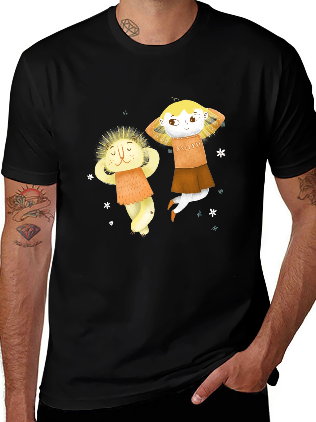 Whimsical Character Print Black T-Shirt