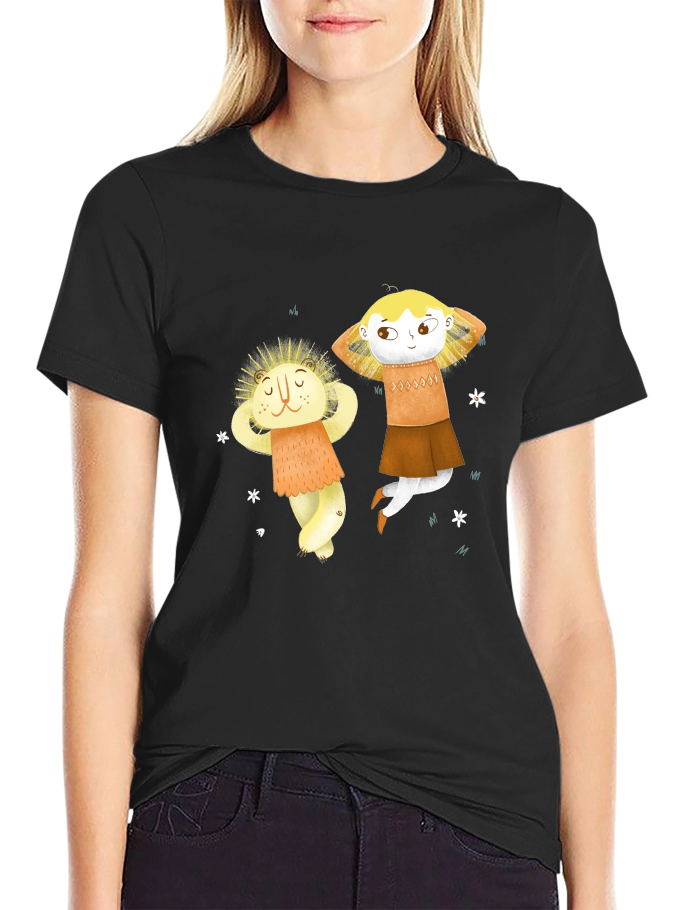 Whimsical Character Print Black T-Shirt