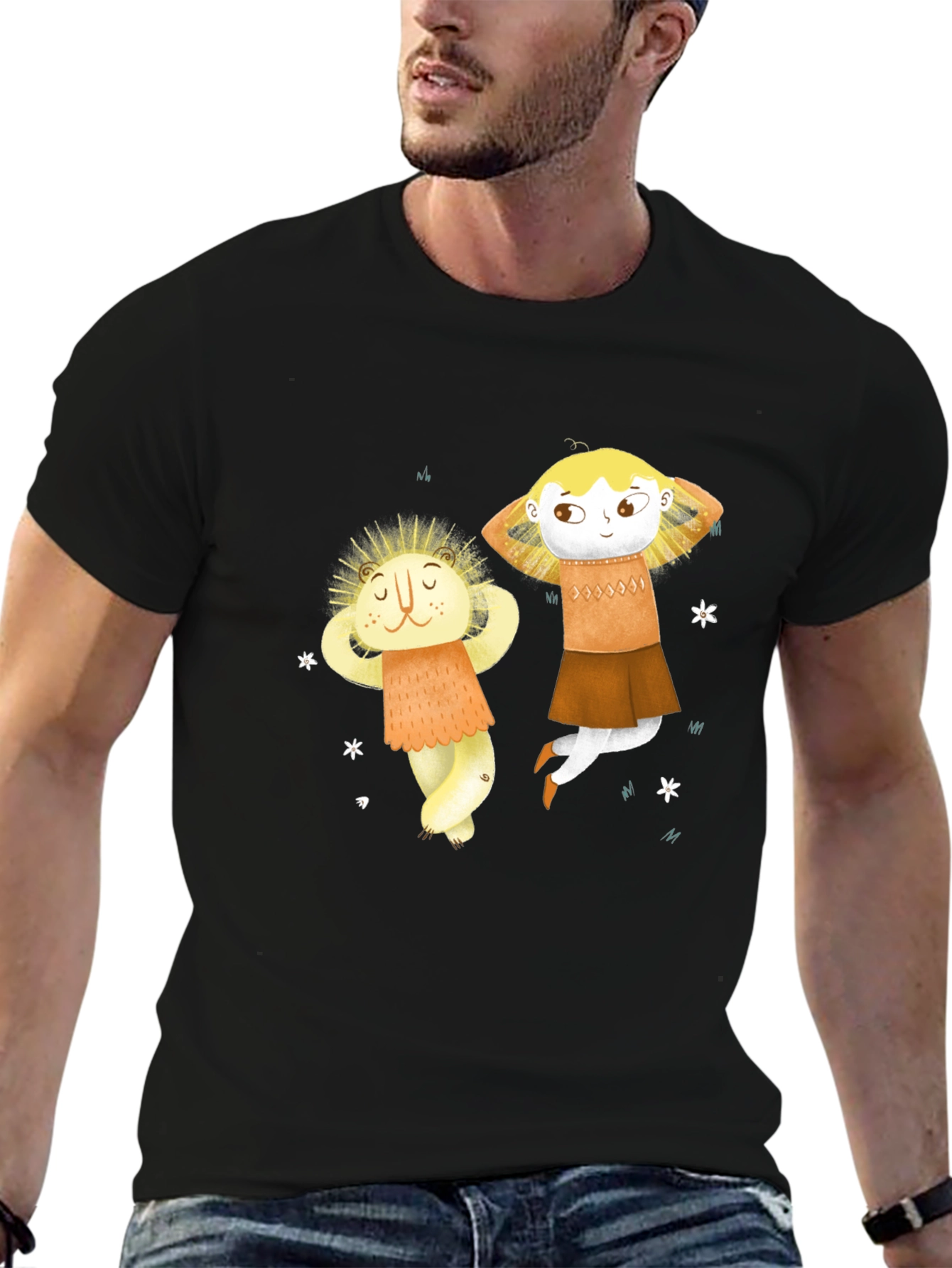 Whimsical Character Print Black T-Shirt