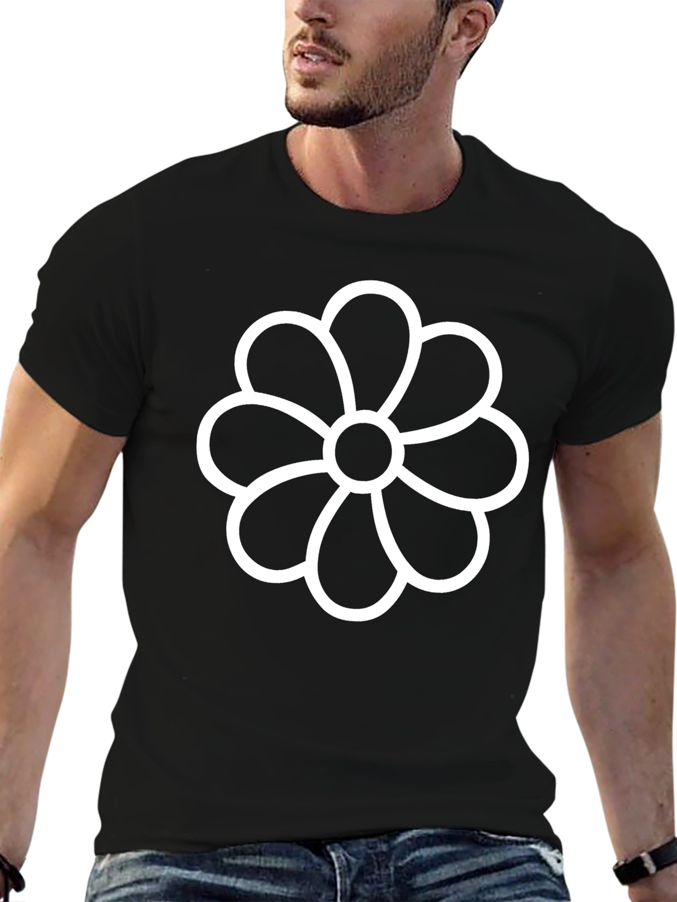 Black T-Shirt with White Flower Graphic