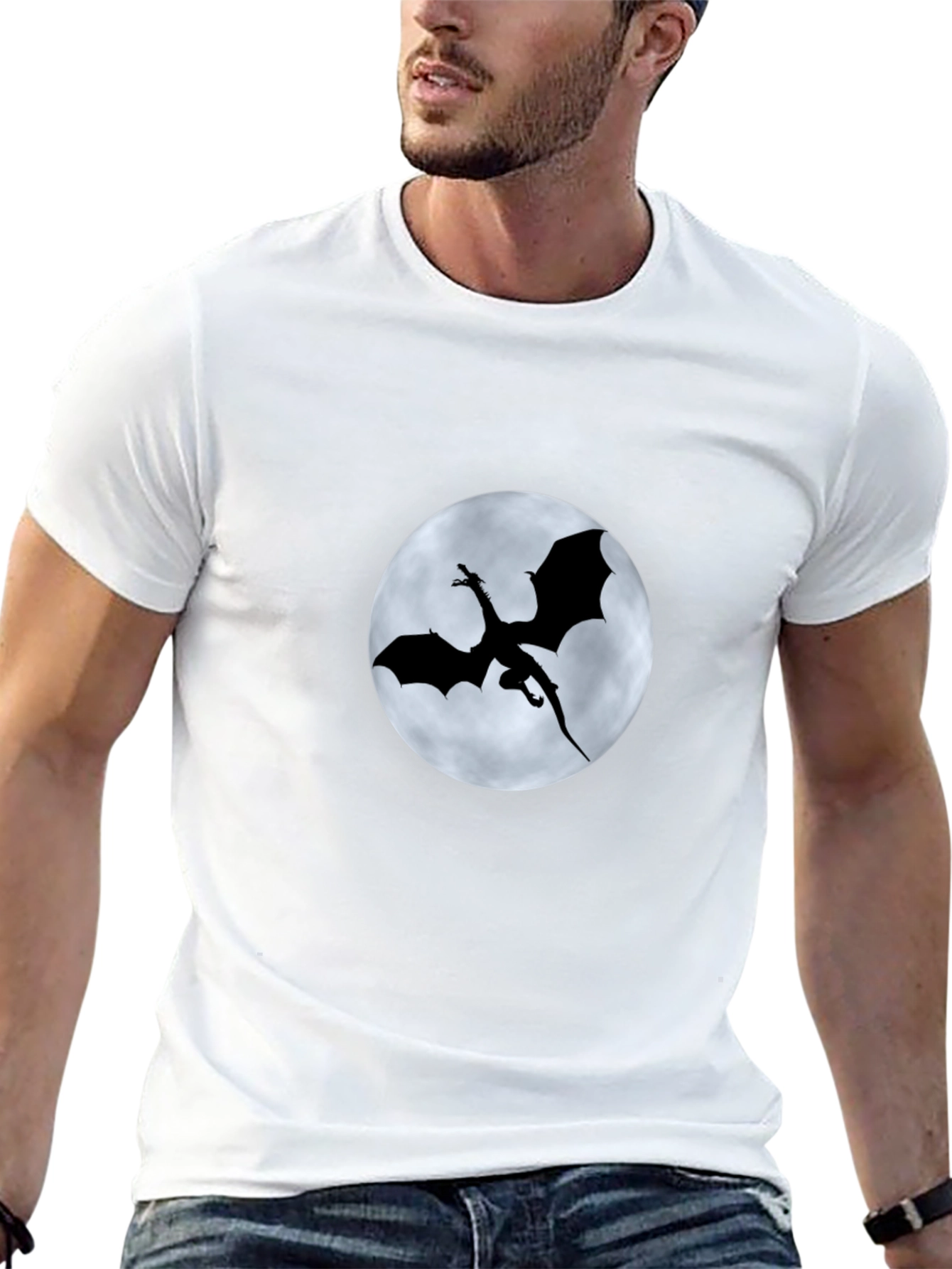 Dragon Silhouette Moon Graphic Black T-Shirt