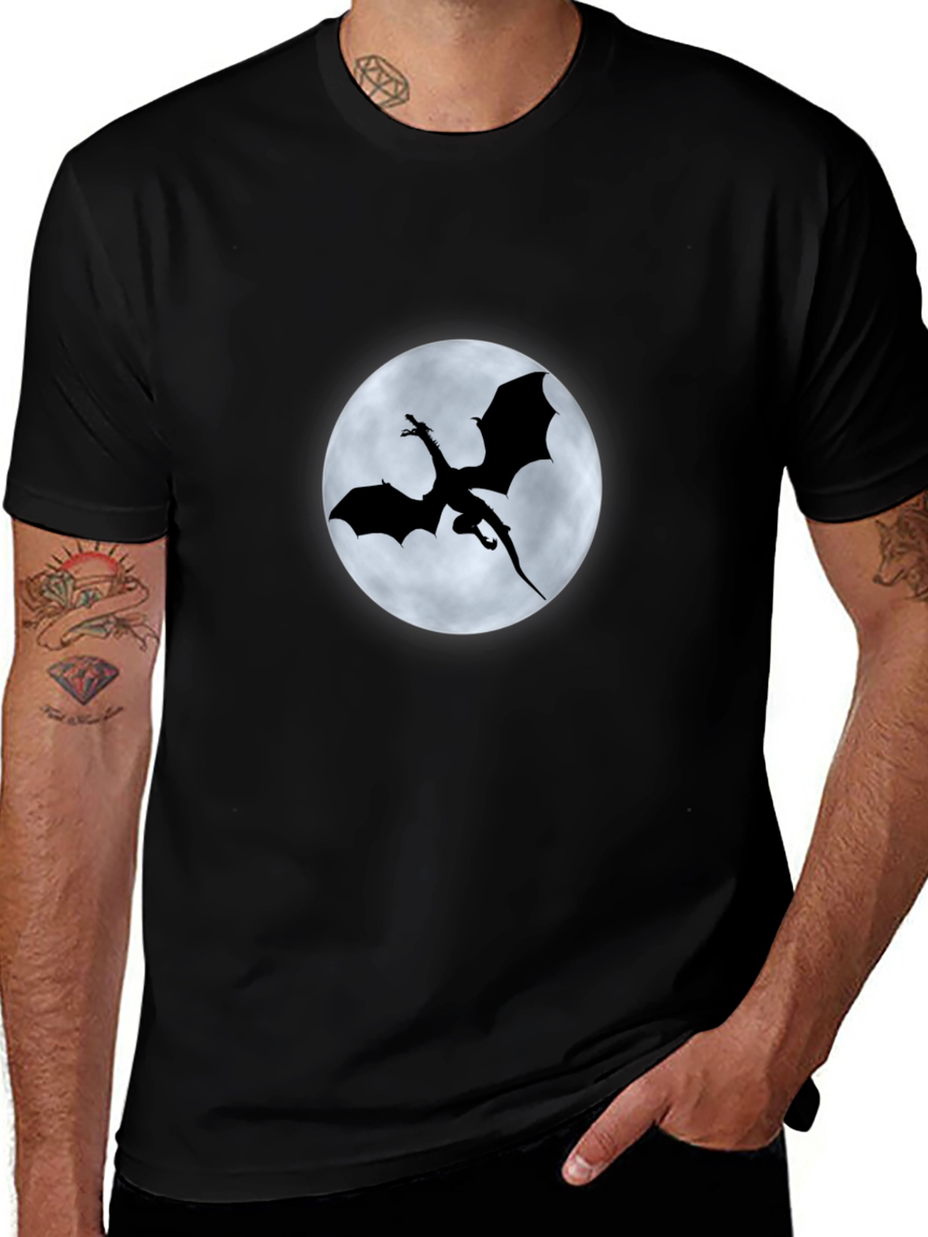 Dragon Silhouette Moon Graphic Black T-Shirt