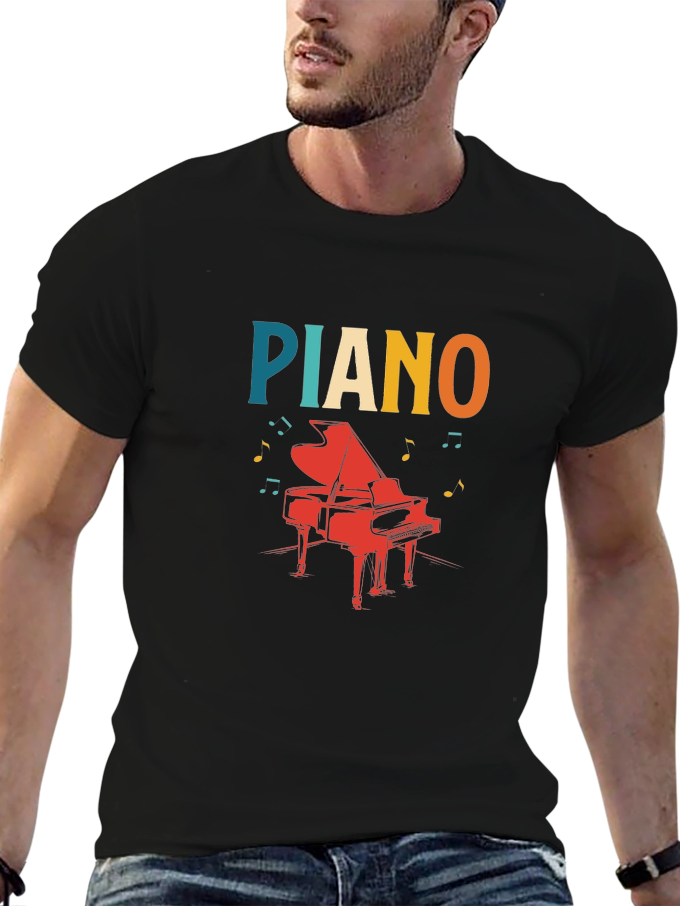 Piano Graphic Tee - Retro Style Black T-Shirt