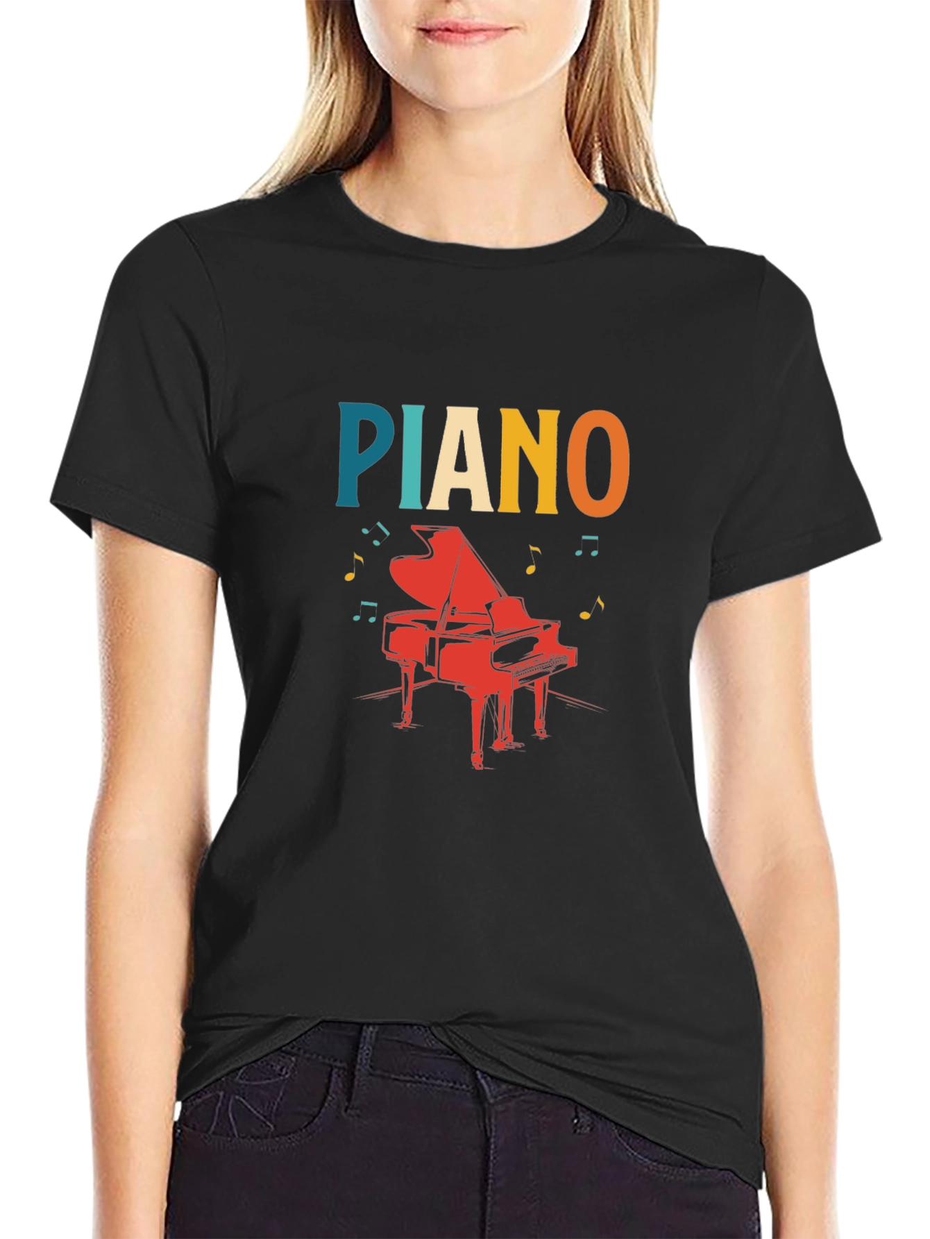 Piano Graphic Tee - Retro Style Black T-Shirt