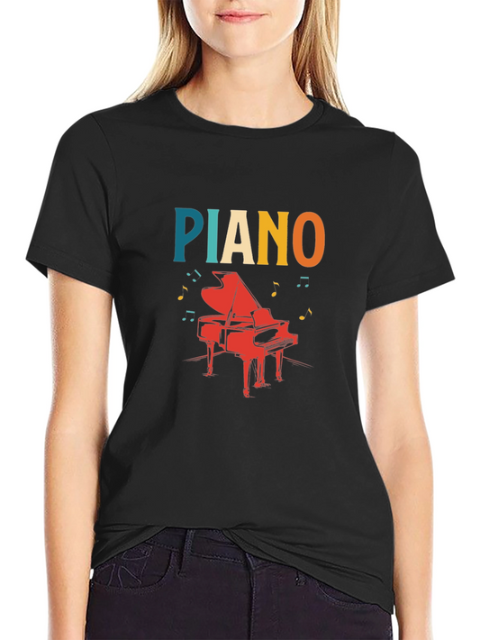 Piano Graphic Tee - Retro Style Black T-Shirt