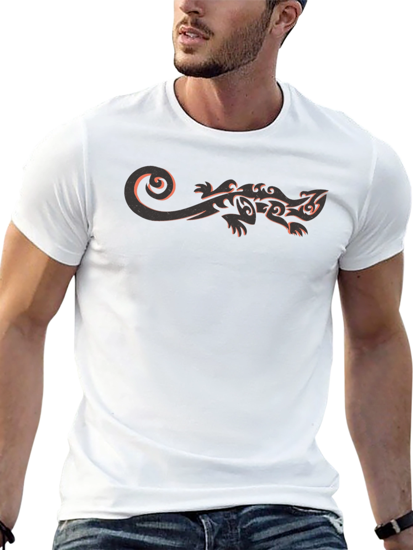 Tribal Gecko Graphic Tee - Black Casual T-Shirt