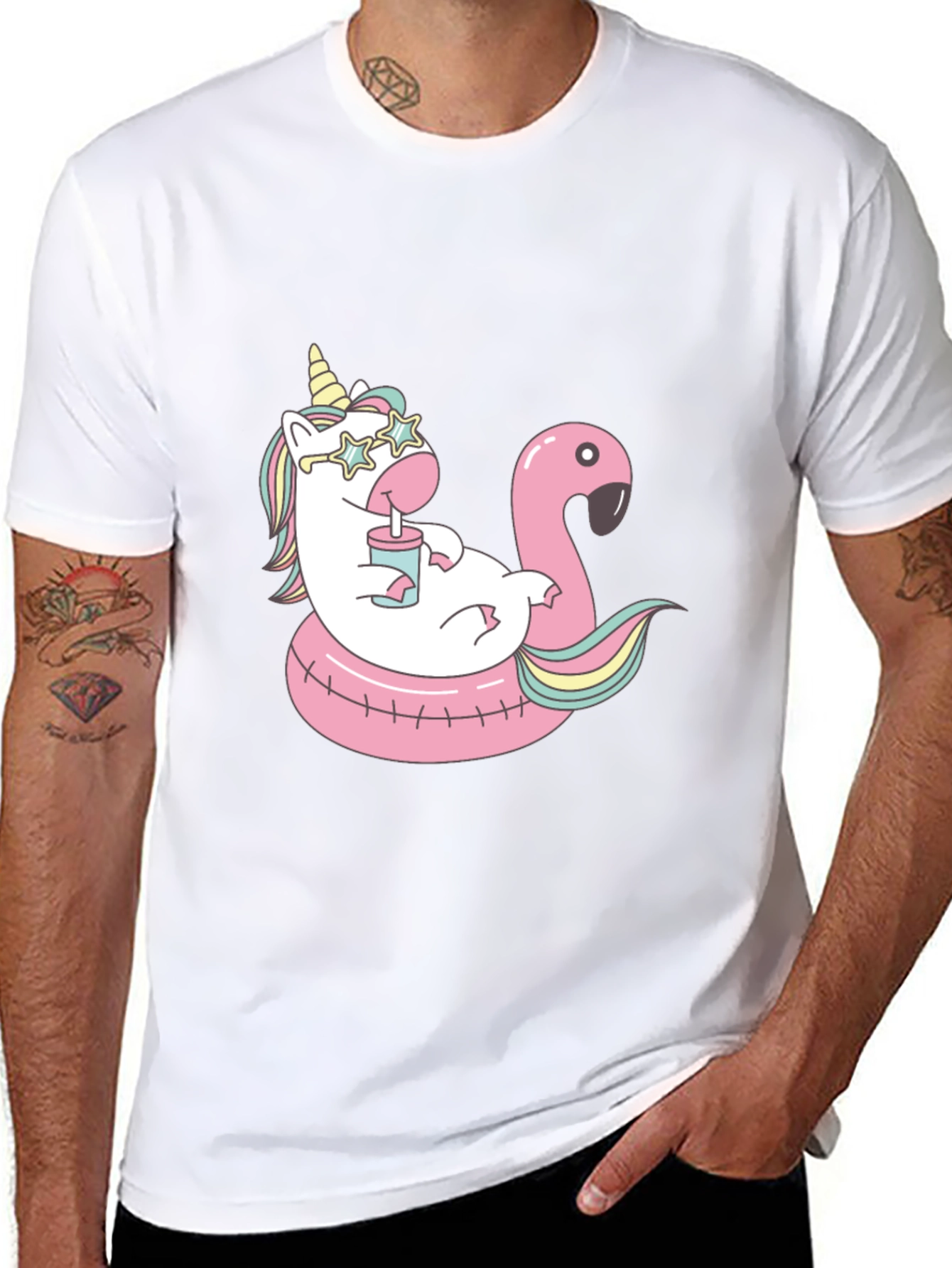 Unicorn Flamingo Pool Party Black T-Shirt