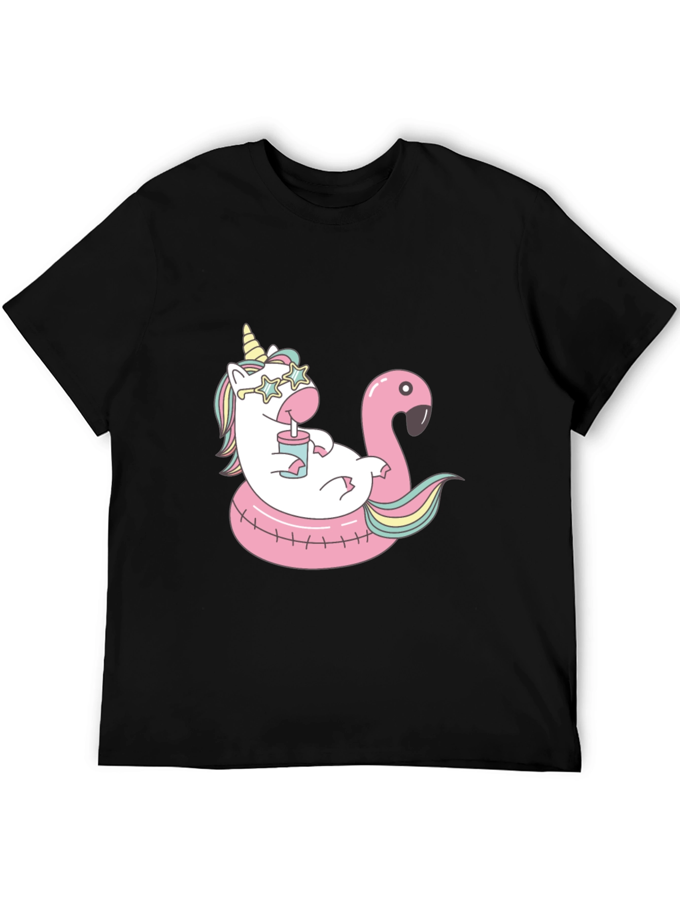 Unicorn Flamingo Pool Party Black T-Shirt
