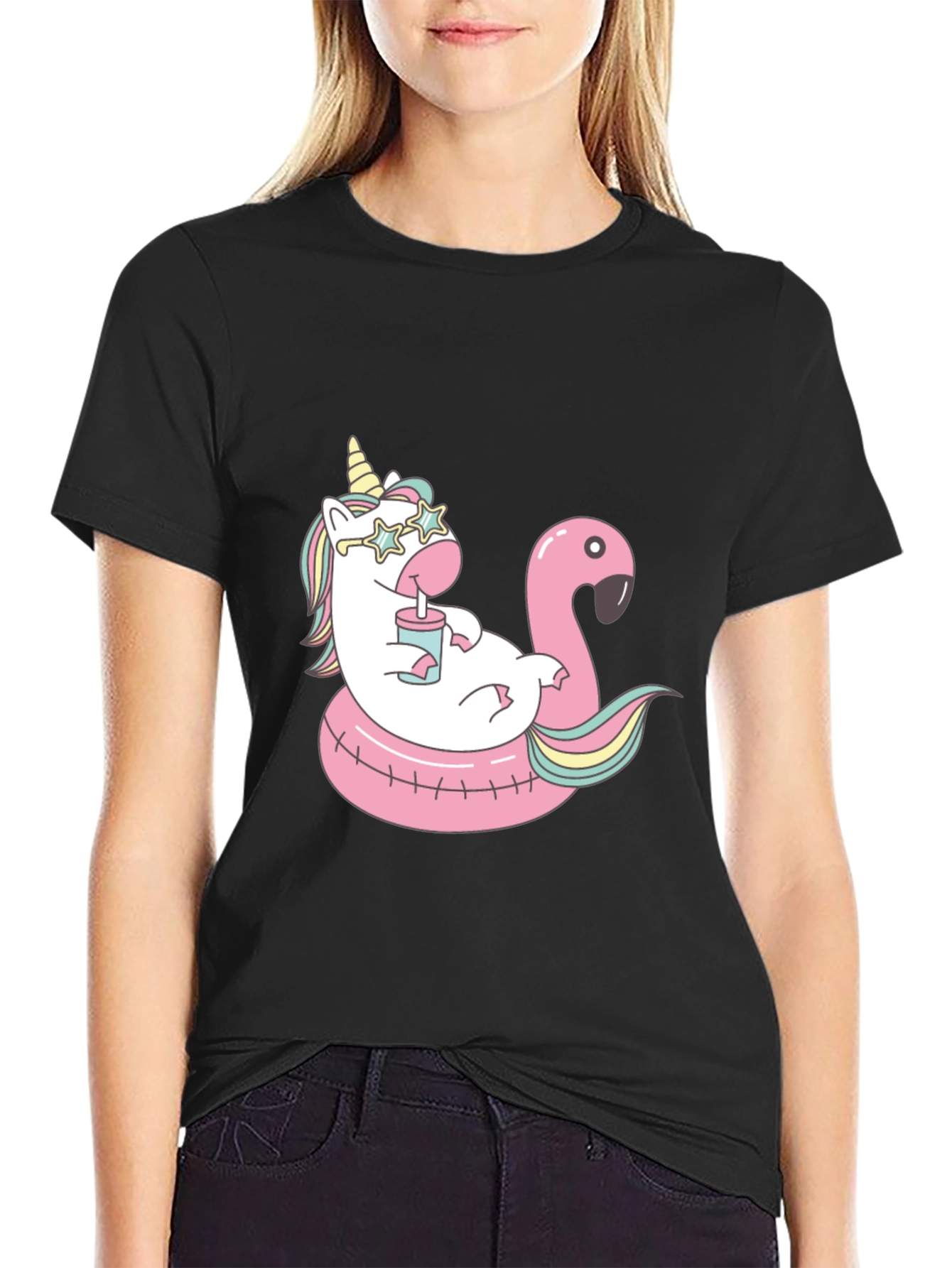 Unicorn Flamingo Pool Party Black T-Shirt