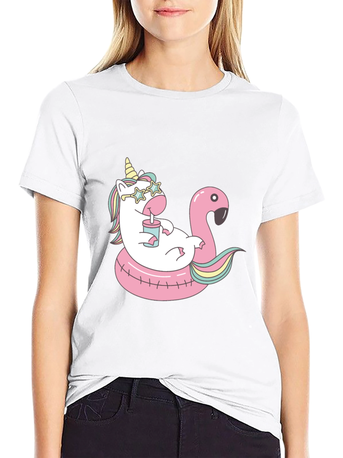 Unicorn Flamingo Pool Party Black T-Shirt