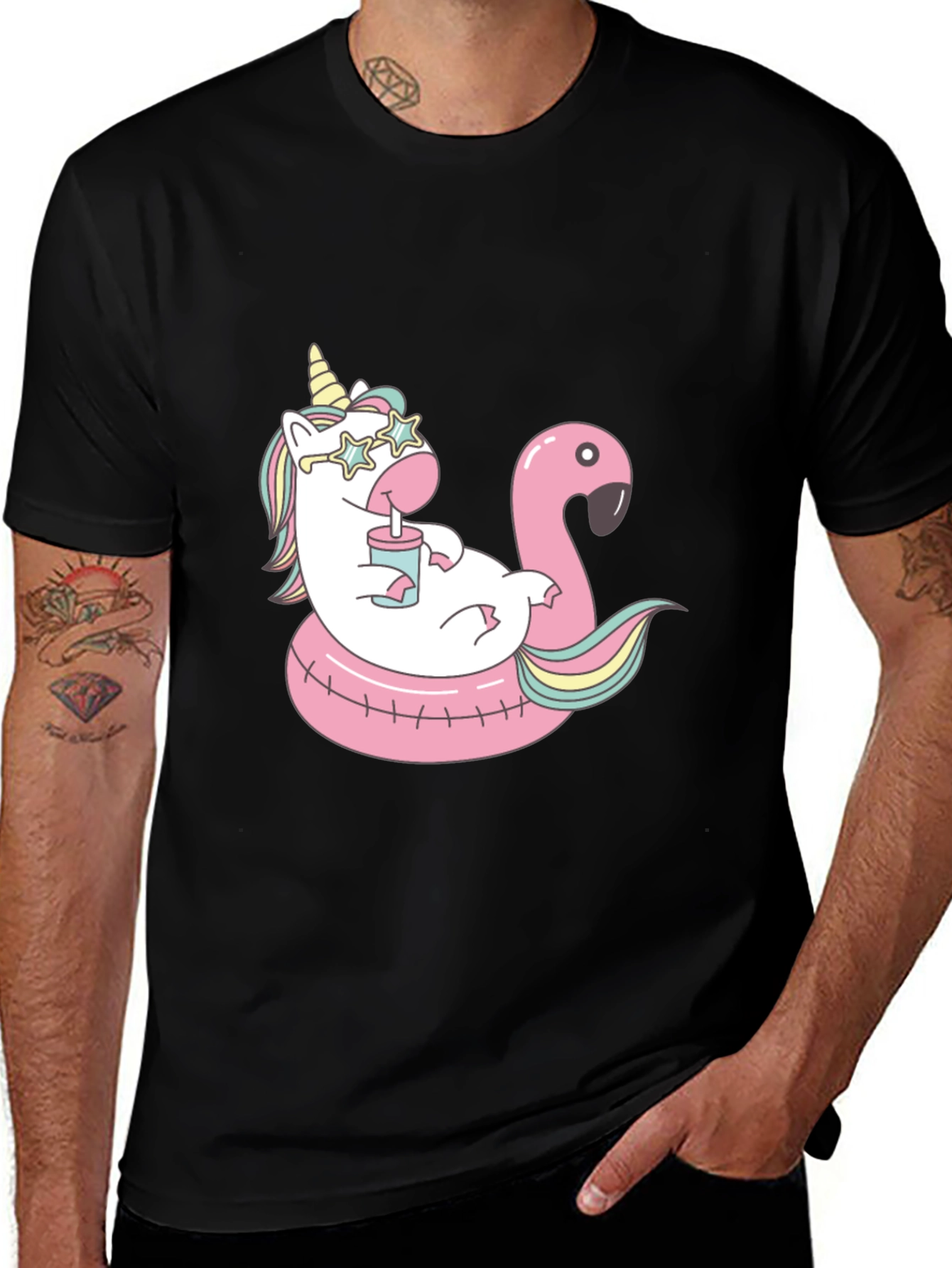 Unicorn Flamingo Pool Party Black T-Shirt