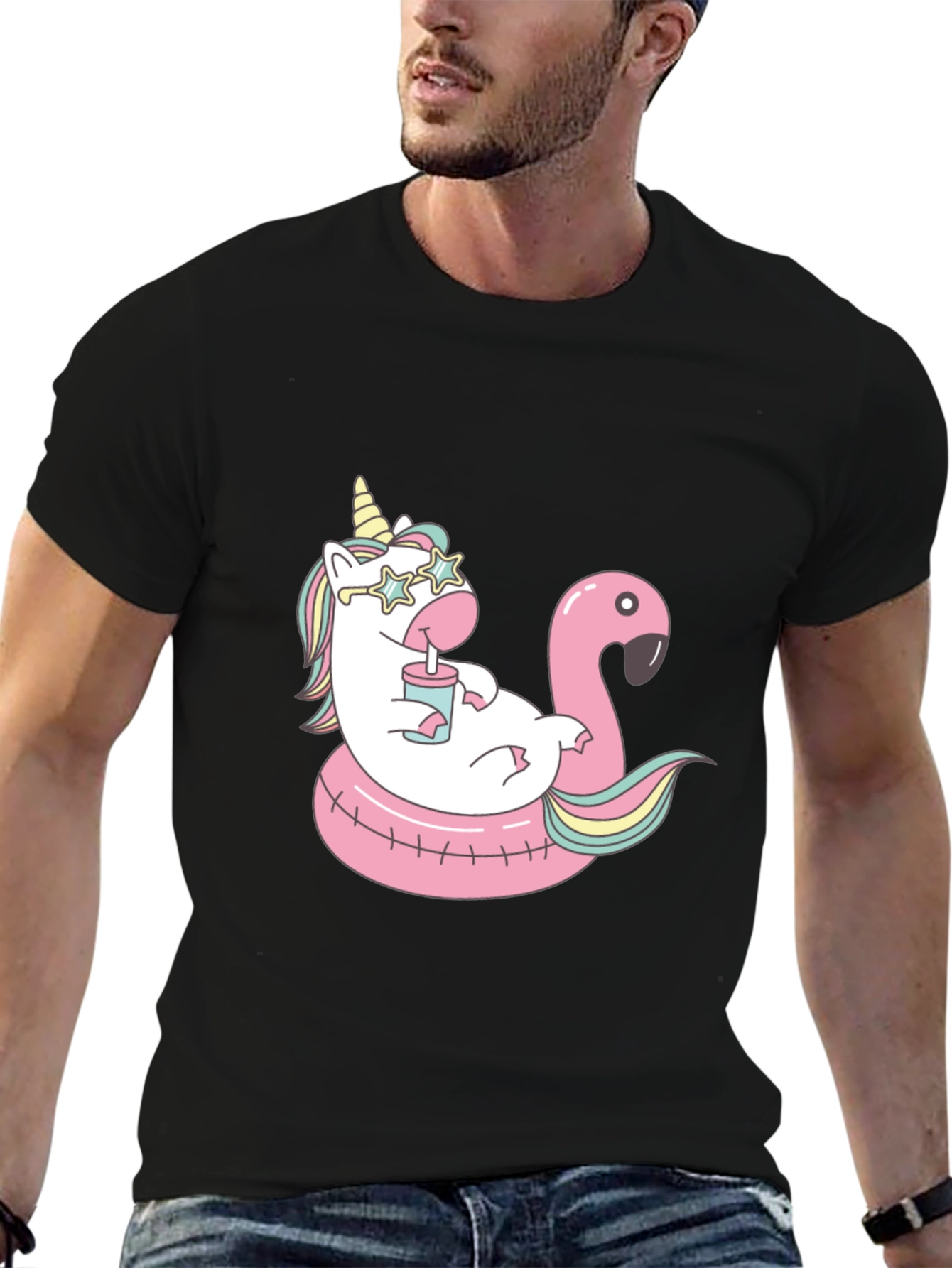 Unicorn Flamingo Pool Party Black T-Shirt