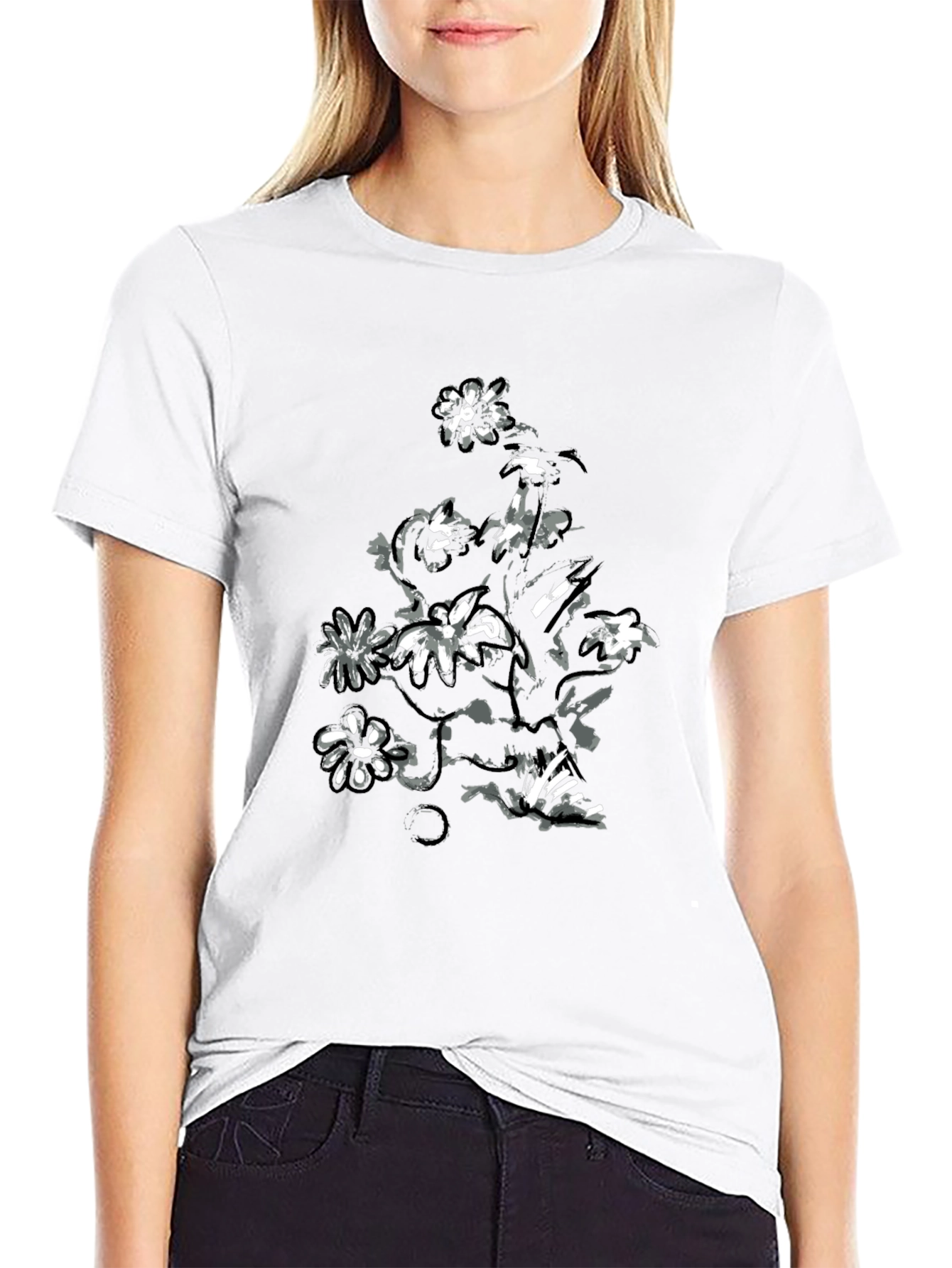 Floral Print Black Casual T-Shirt