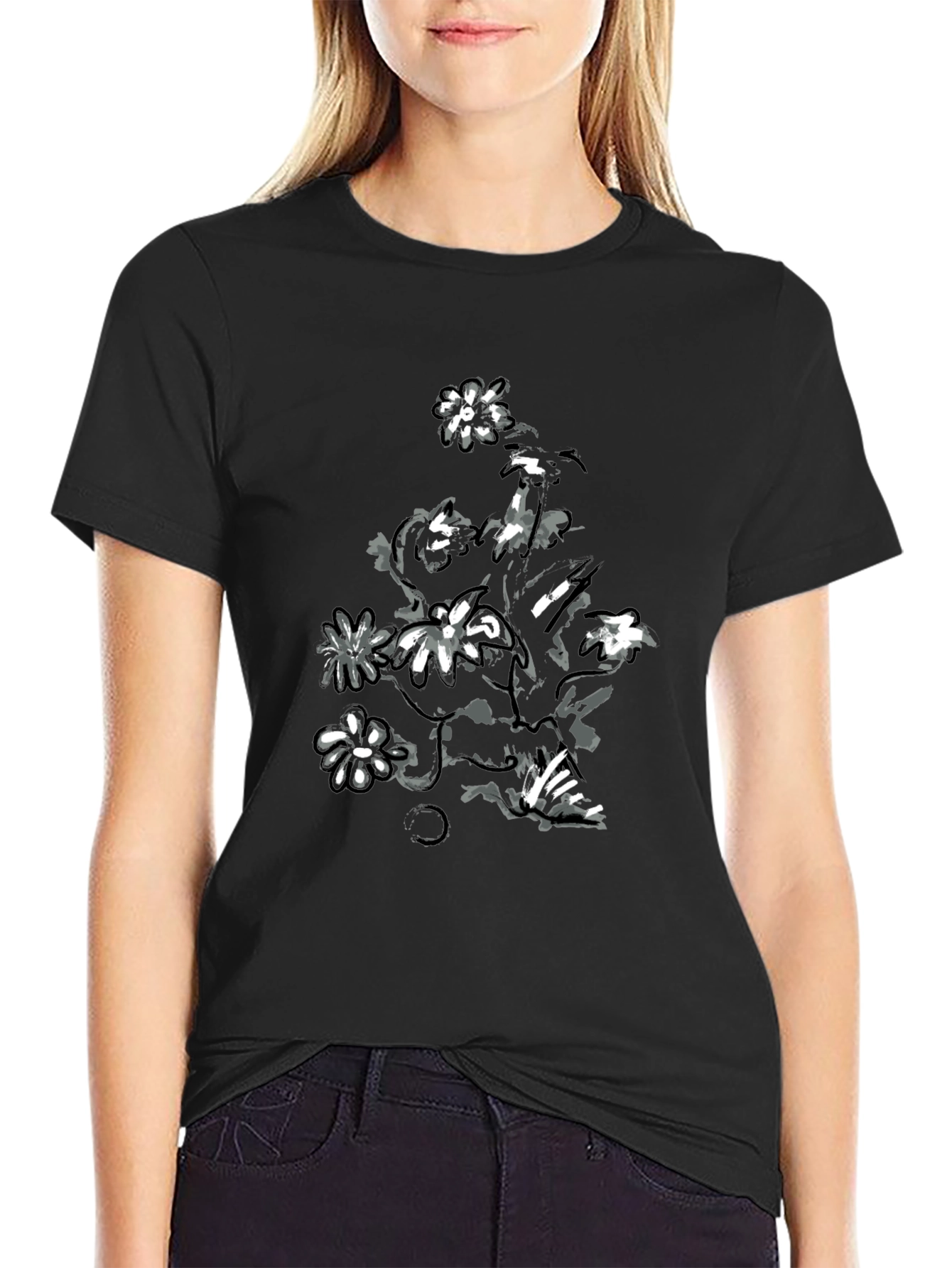 Floral Print Black Casual T-Shirt