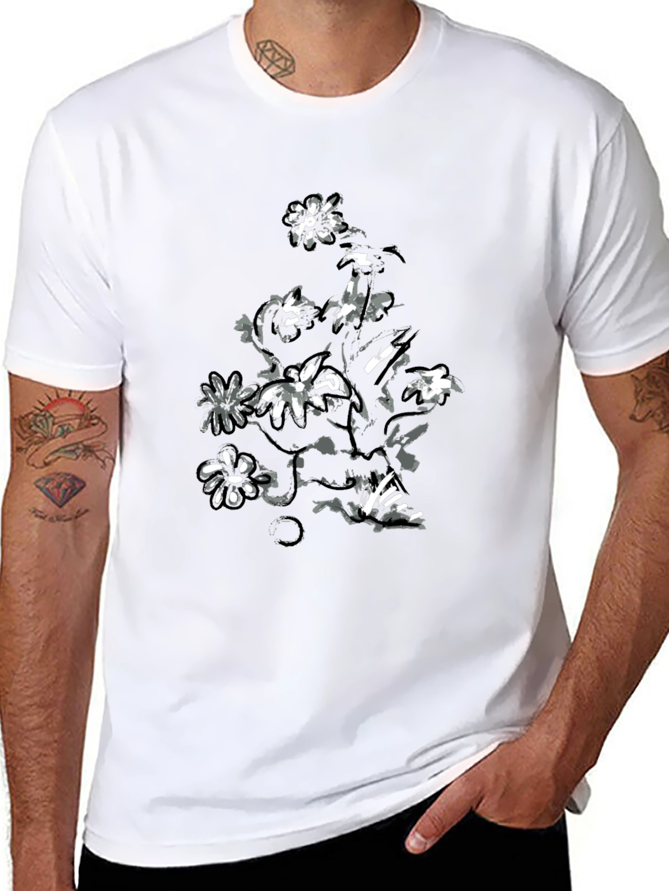 Floral Print Black Casual T-Shirt