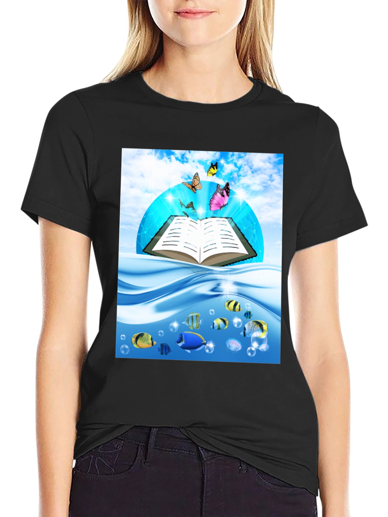 Open Book Fish & Butterfly Graphic Black T-Shirt