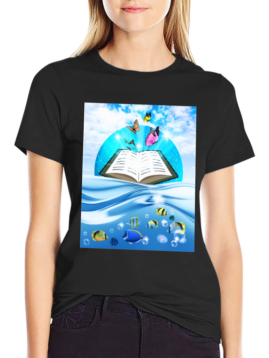 Open Book Fish & Butterfly Graphic Black T-Shirt