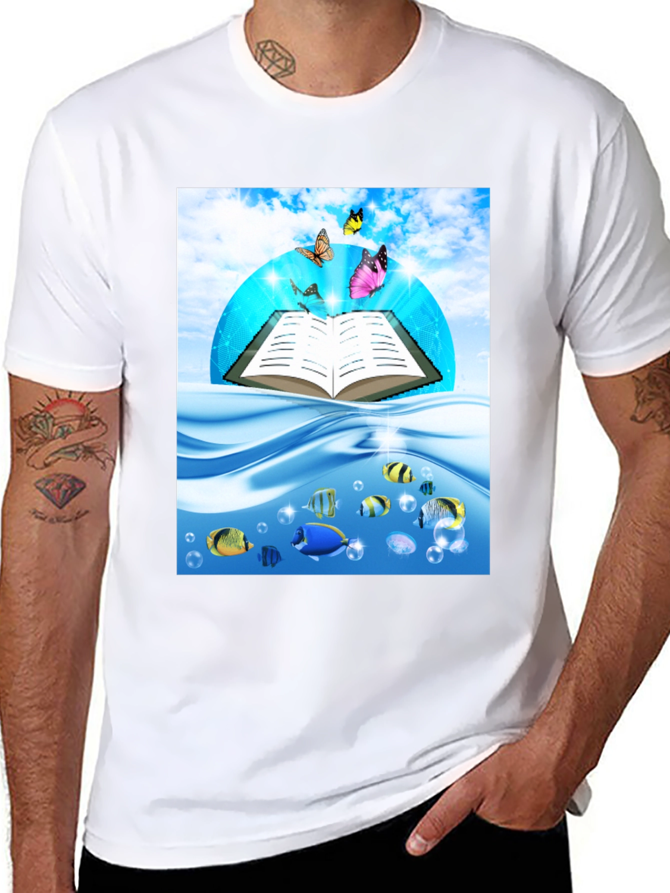 Open Book Fish & Butterfly Graphic Black T-Shirt