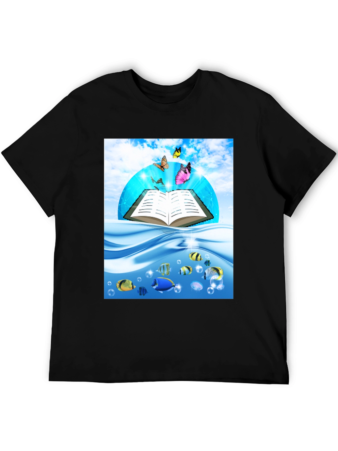 Open Book Fish & Butterfly Graphic Black T-Shirt