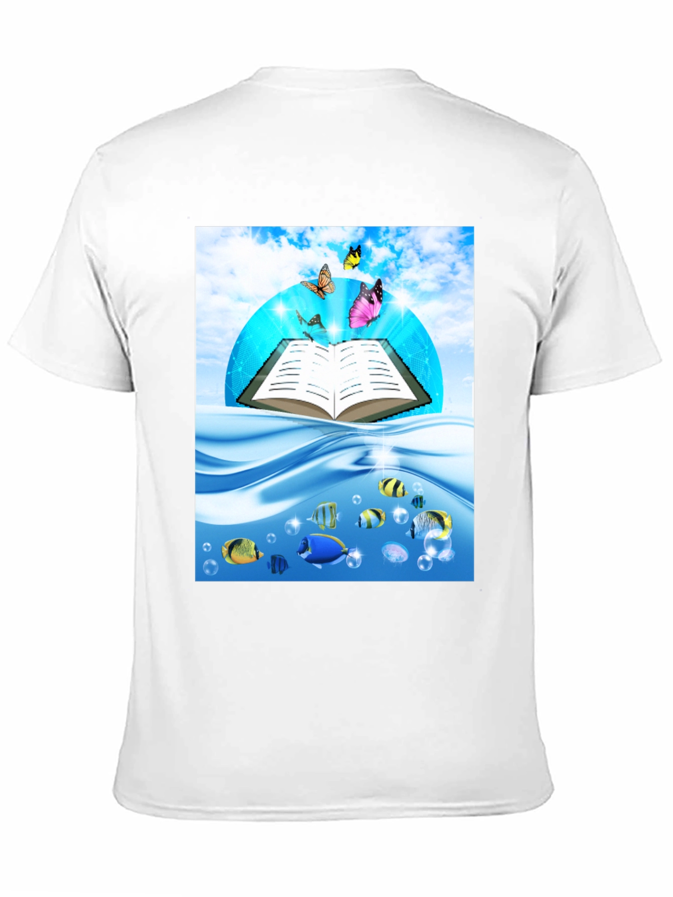 Open Book Fish & Butterfly Graphic Black T-Shirt