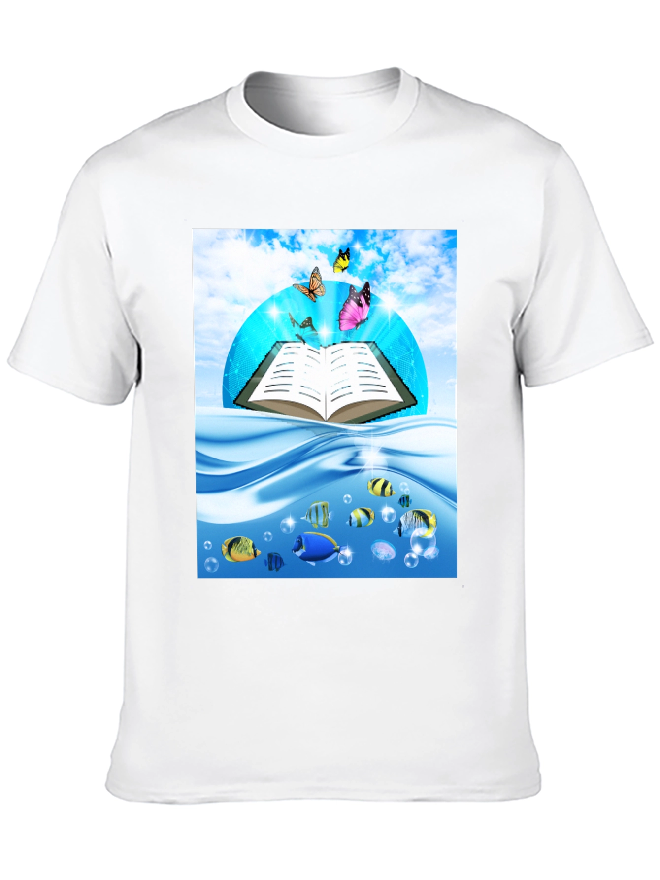 Open Book Fish & Butterfly Graphic Black T-Shirt