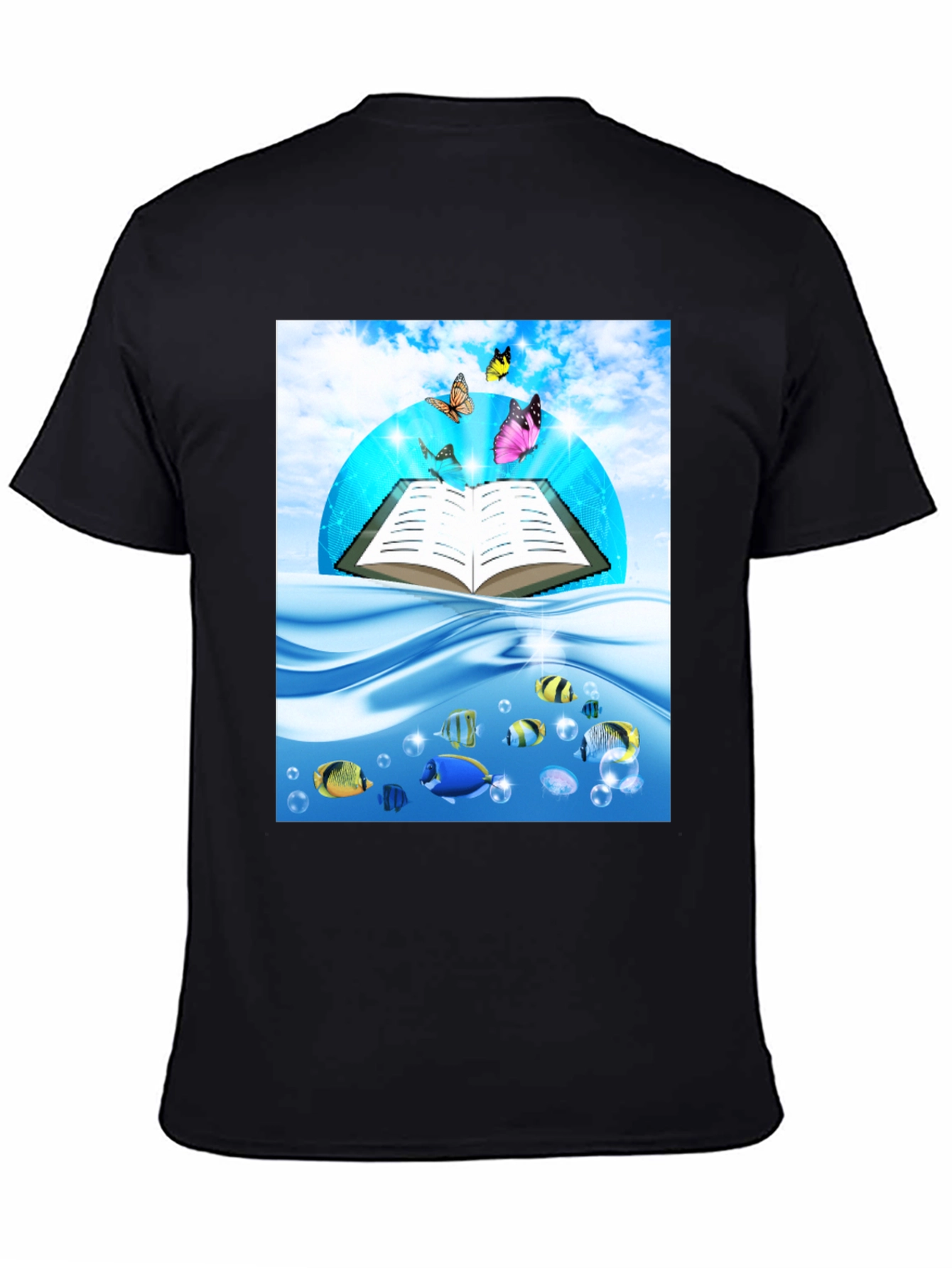 Open Book Fish & Butterfly Graphic Black T-Shirt