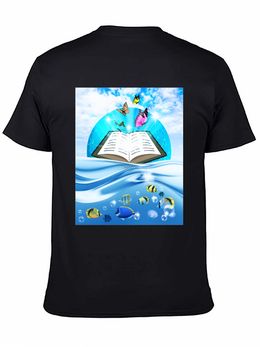 Open Book Fish & Butterfly Graphic Black T-Shirt