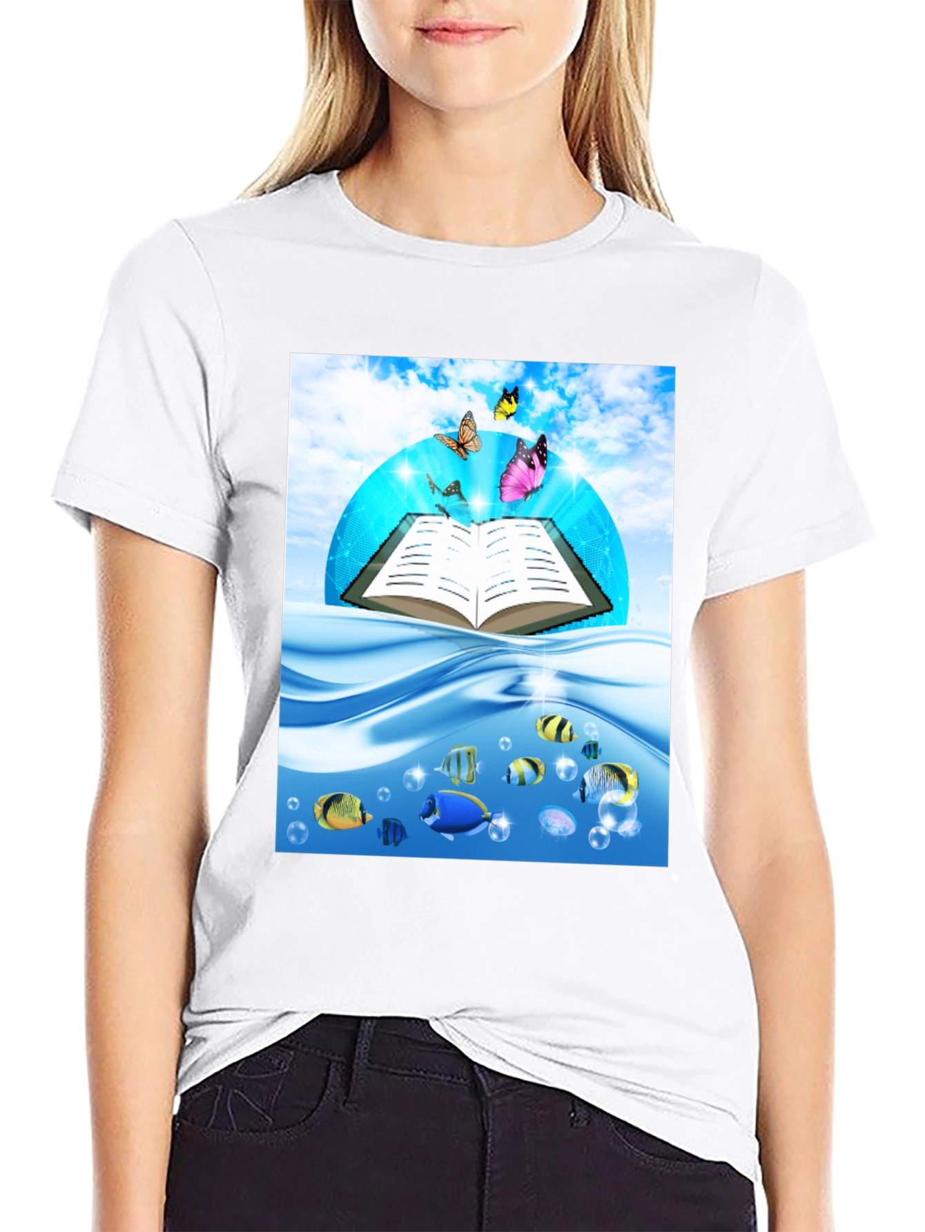 Open Book Fish & Butterfly Graphic Black T-Shirt