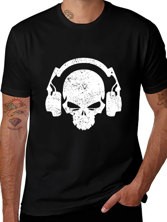 Skull with Headphones Graphic Tee - Black Cotton