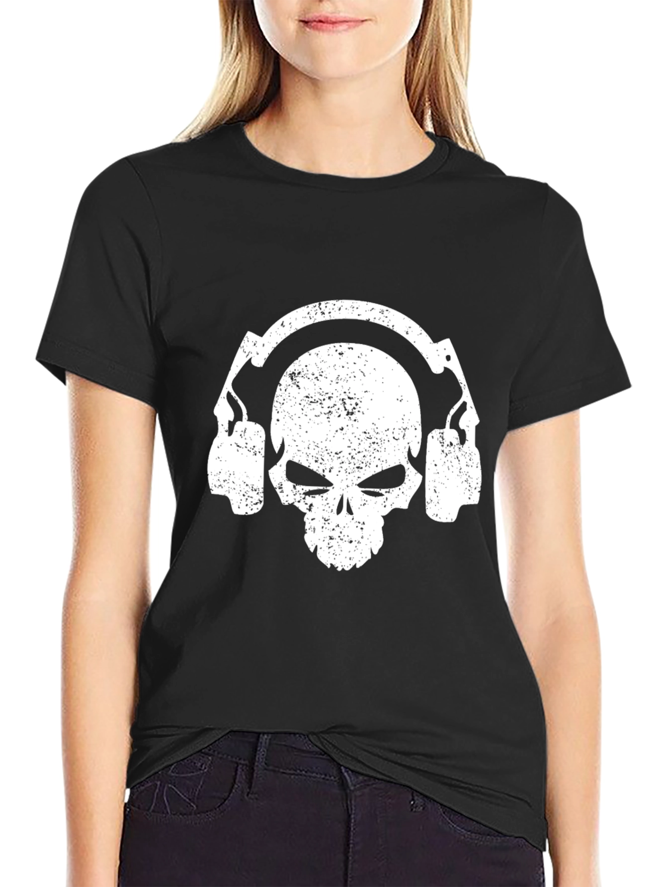 Skull with Headphones Graphic Tee - Black Cotton