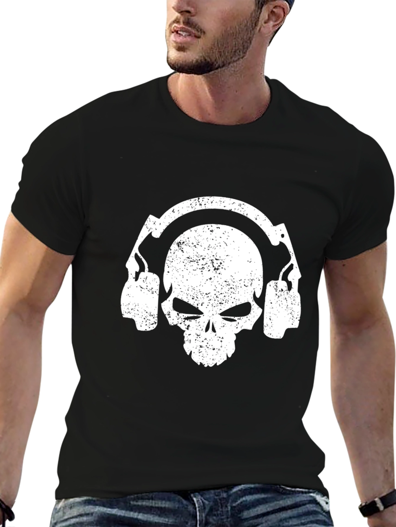Skull with Headphones Graphic Tee - Black Cotton