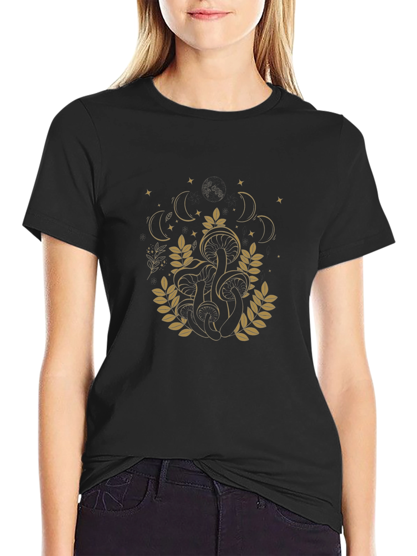 Mystic Mushroom Moon Phase Graphic Tee - Black
