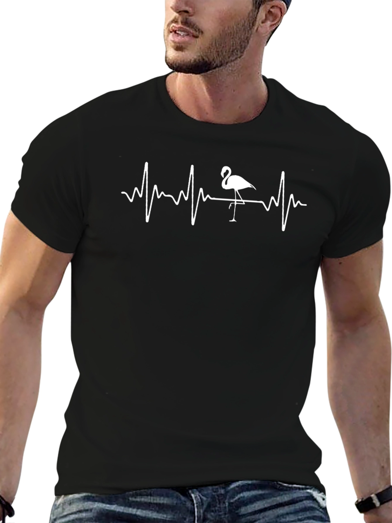 Flamingo Heartbeat Graphic Tee - Black Cotton T-Shirt