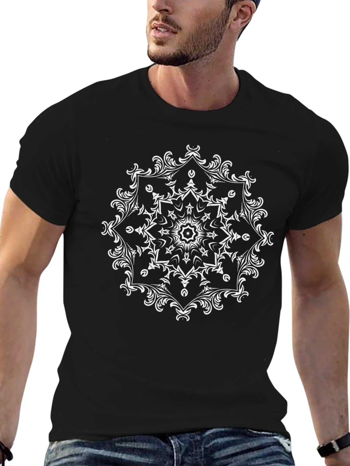 Black T-Shirt with White Mandala Design