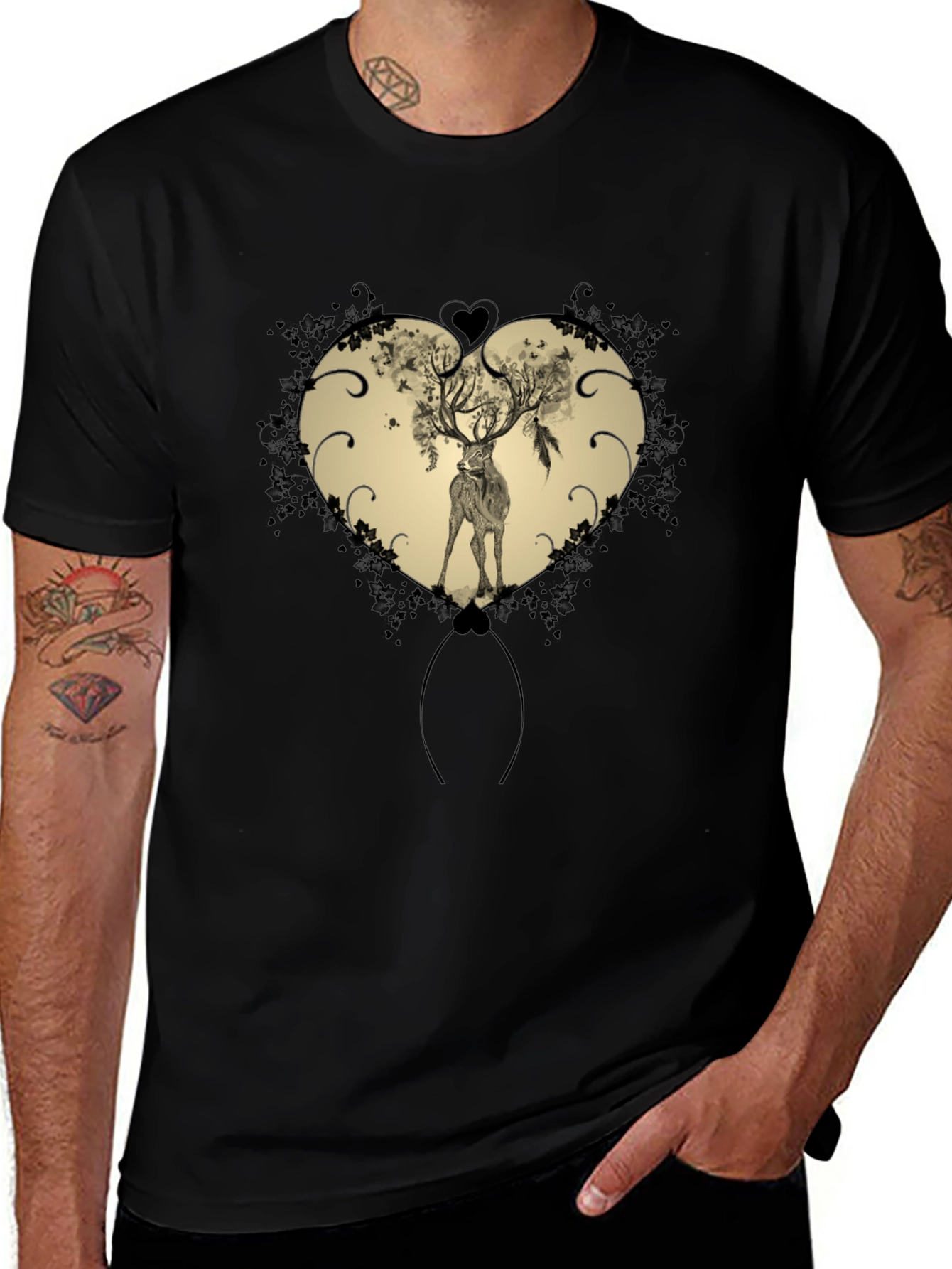 Heart Deer Graphic Tee - Mens Black T-Shirt