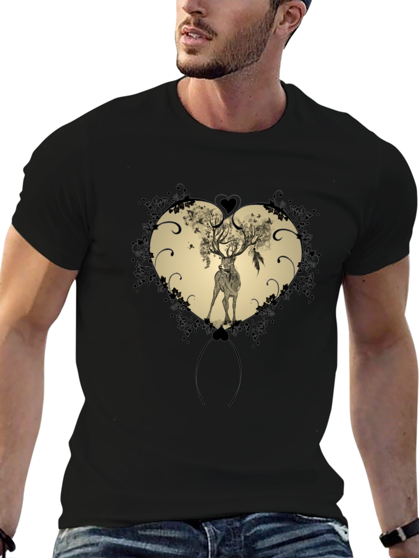 Heart Deer Graphic Tee - Mens Black T-Shirt