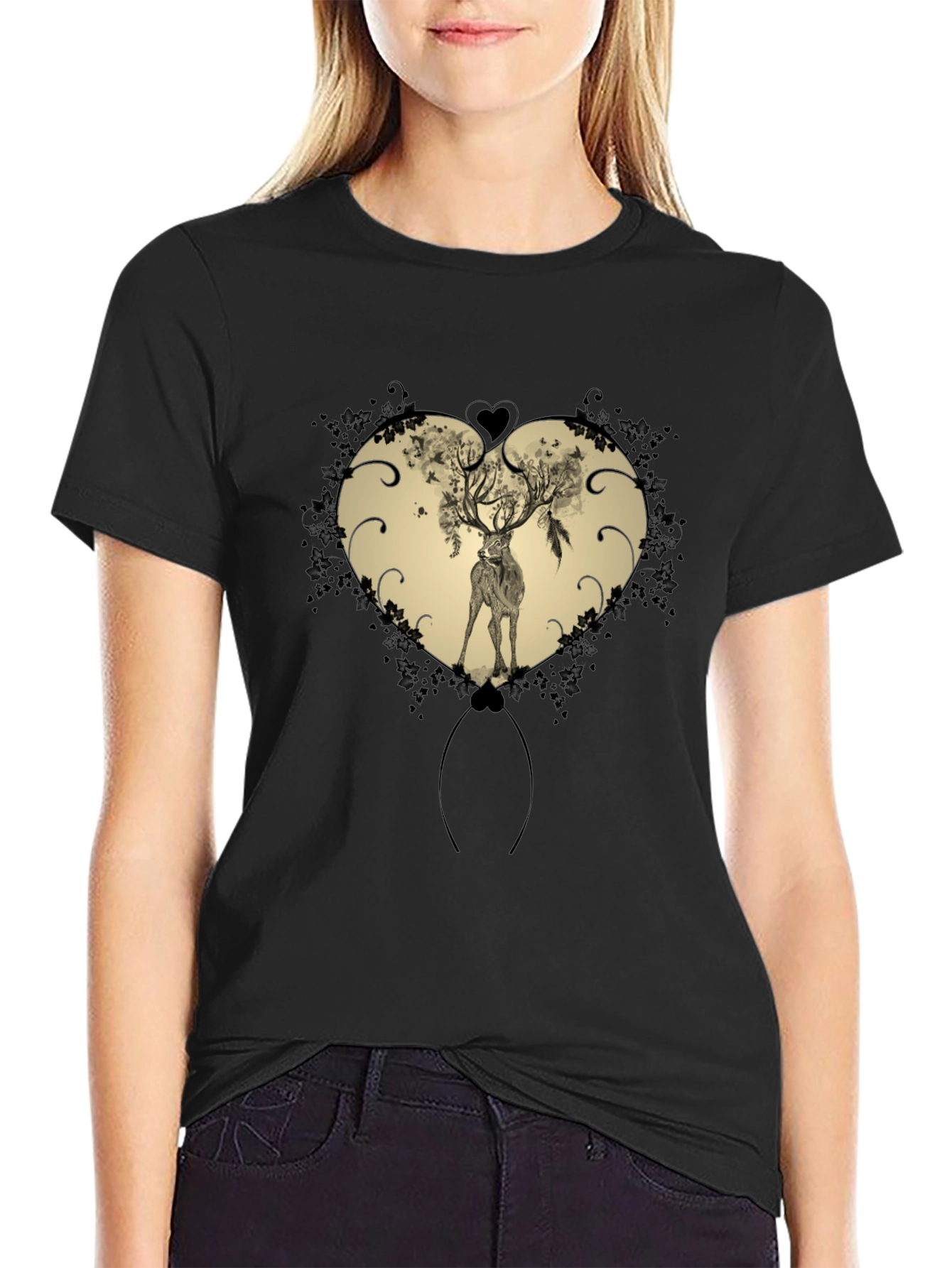 Heart Deer Graphic Tee - Mens Black T-Shirt
