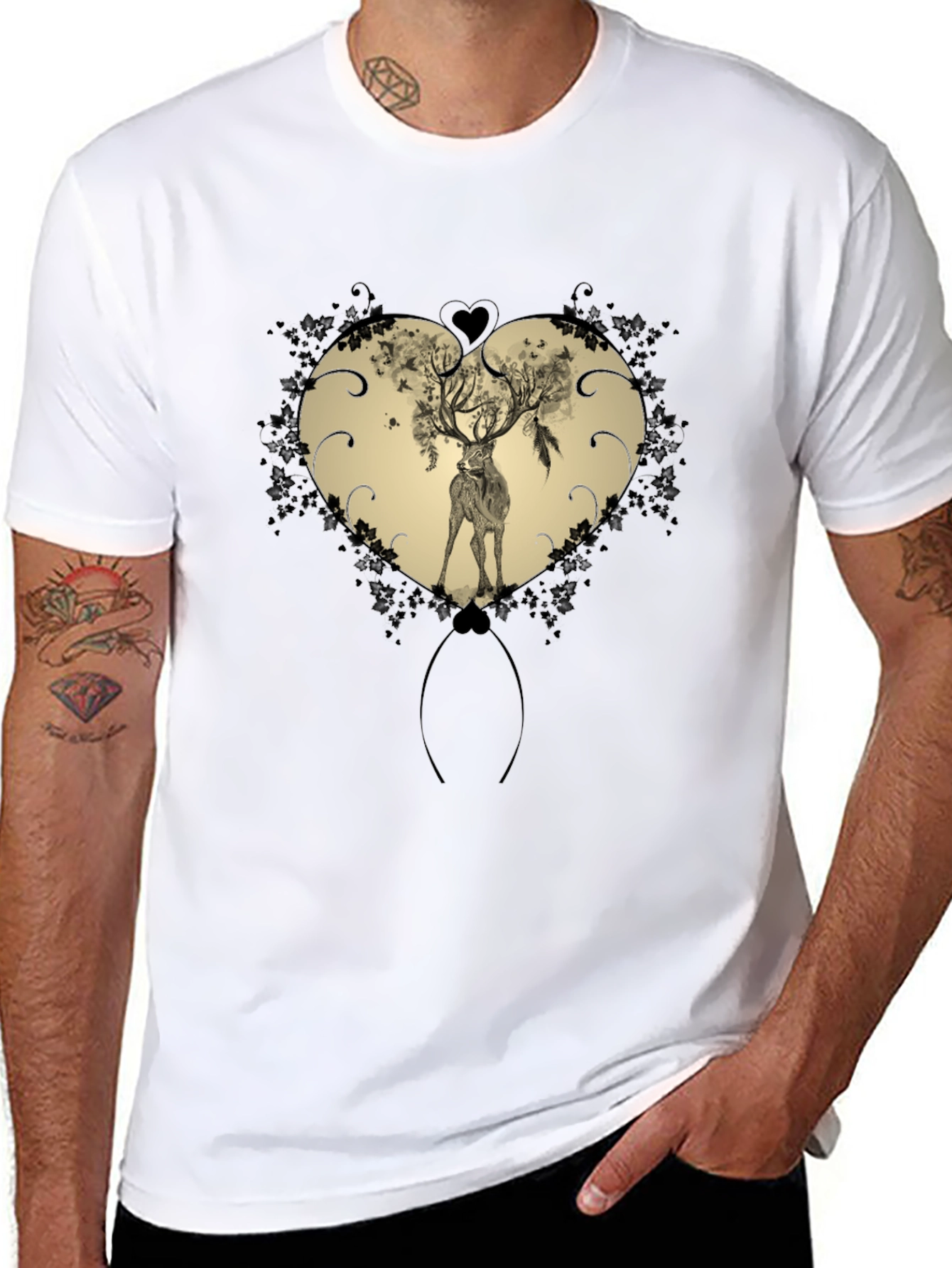 Heart Deer Graphic Tee - Mens Black T-Shirt