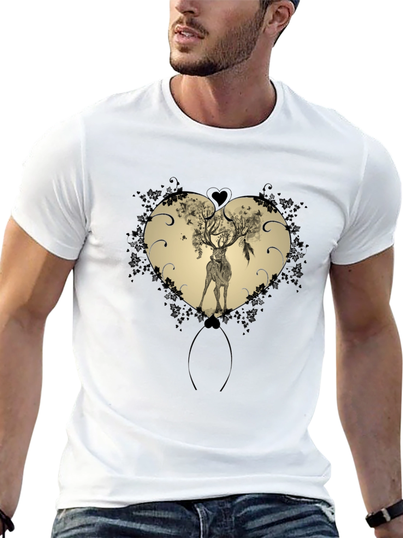 Heart Deer Graphic Tee - Mens Black T-Shirt