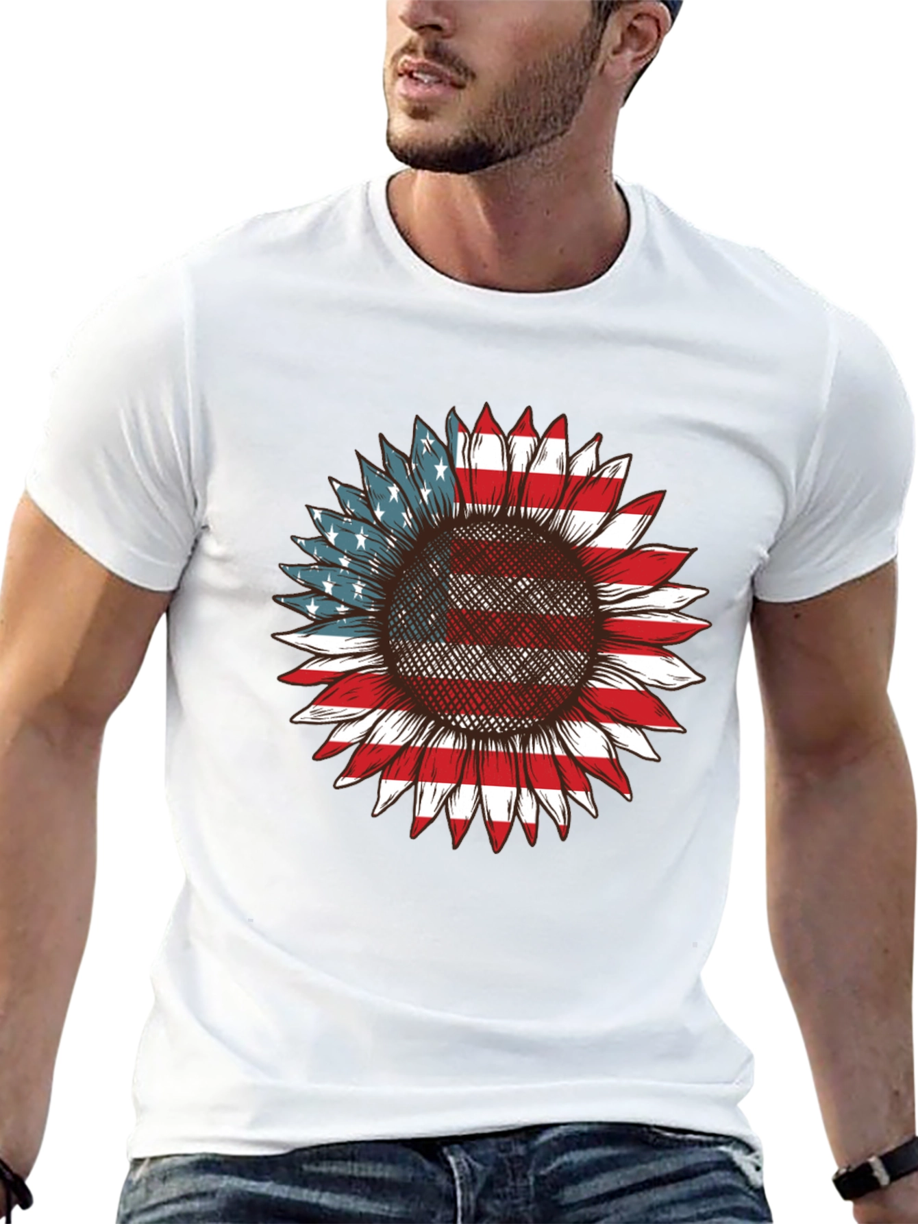 American Flag Sunflower Graphic T-Shirt