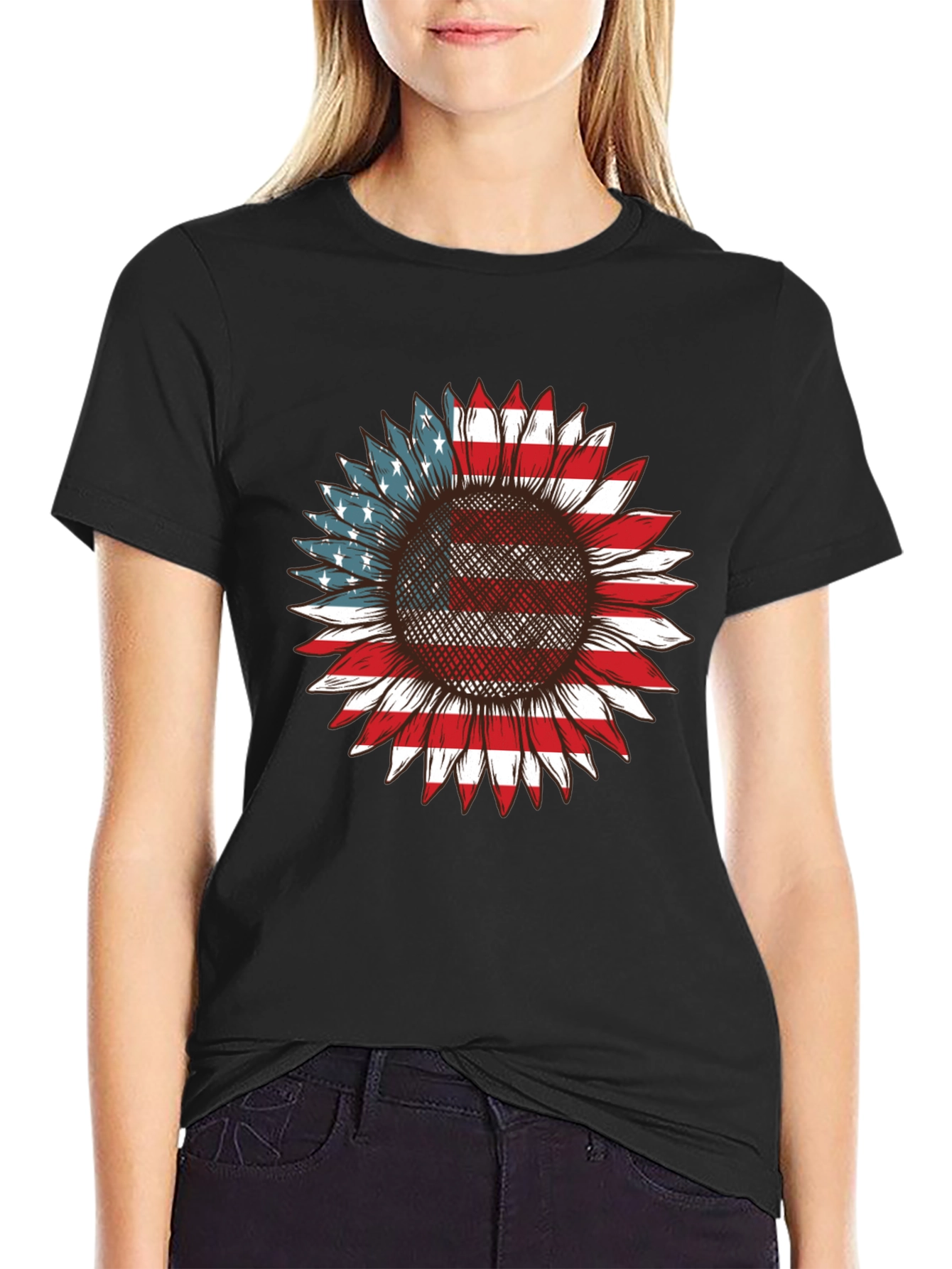 American Flag Sunflower Graphic T-Shirt
