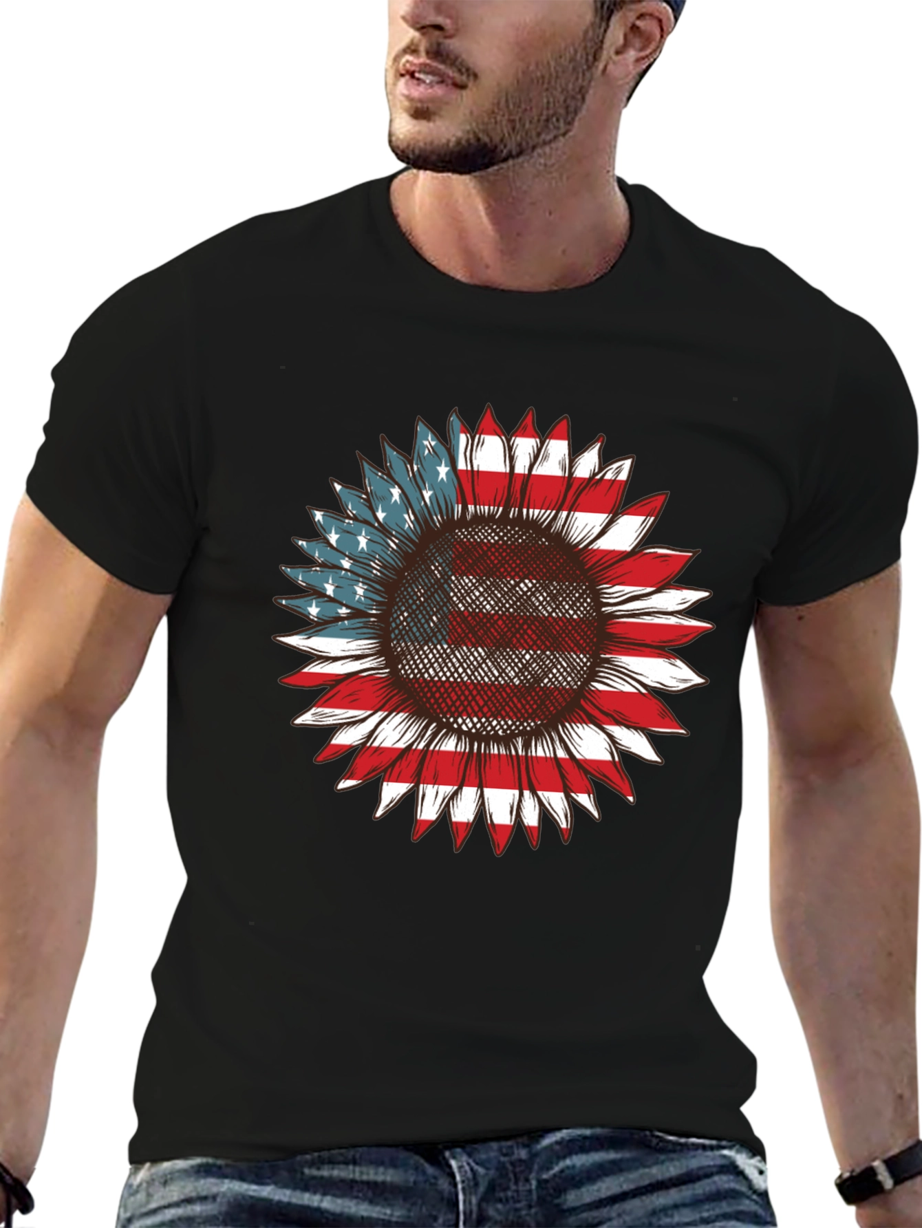 American Flag Sunflower Graphic T-Shirt