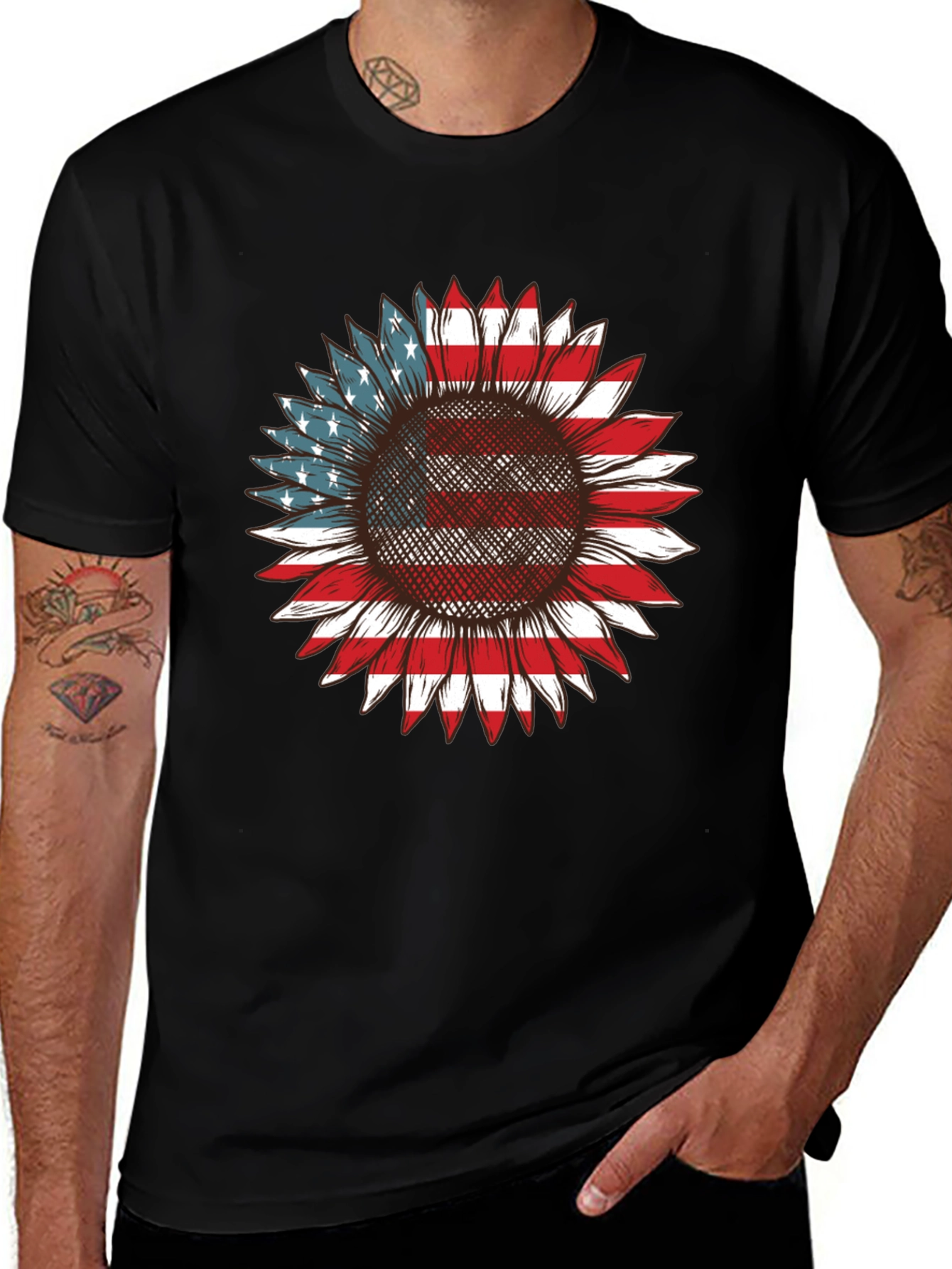American Flag Sunflower Graphic T-Shirt