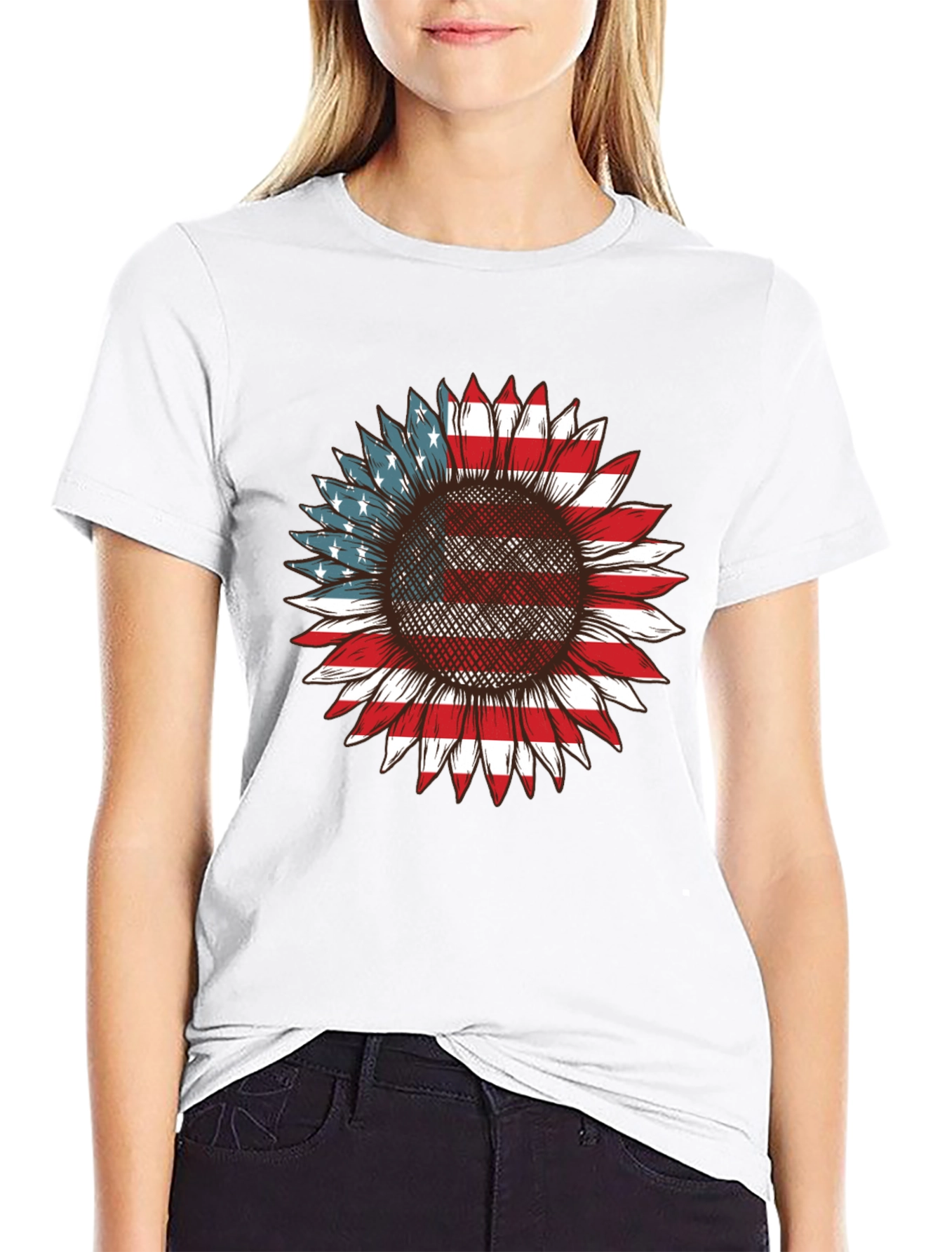 American Flag Sunflower Graphic T-Shirt