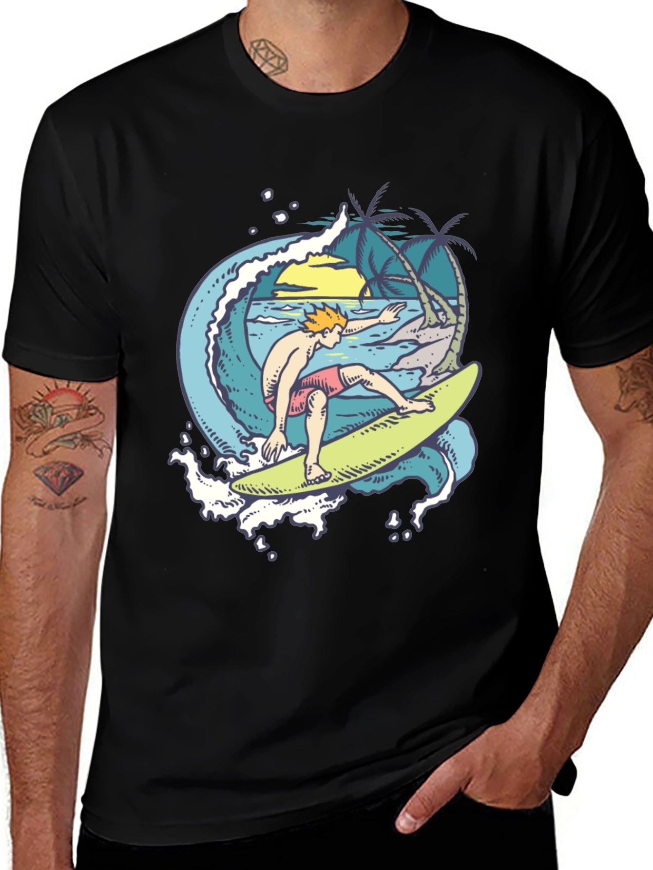 Surfer Wave Graphic Black T-Shirt