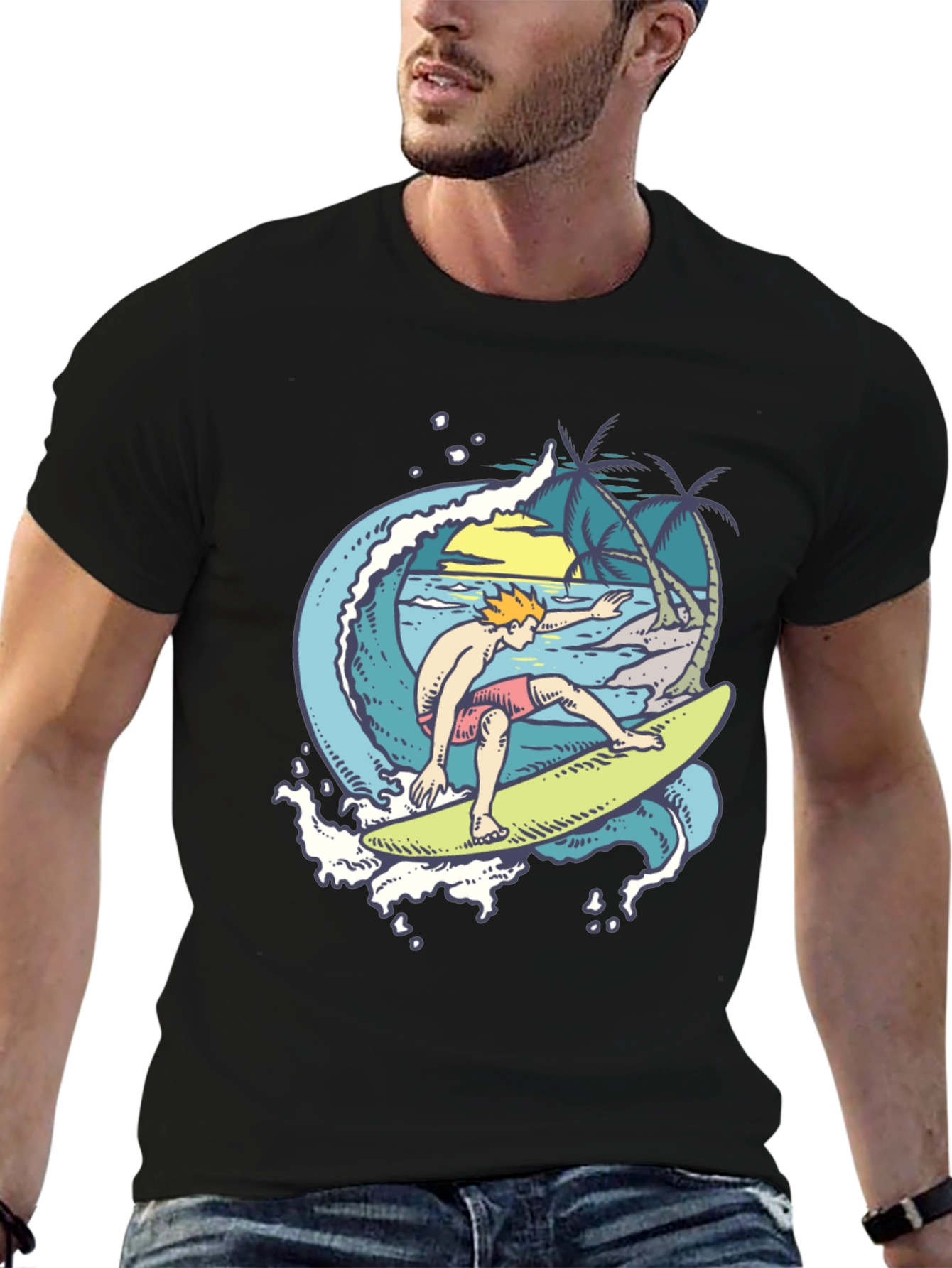 Surfer Wave Graphic Black T-Shirt