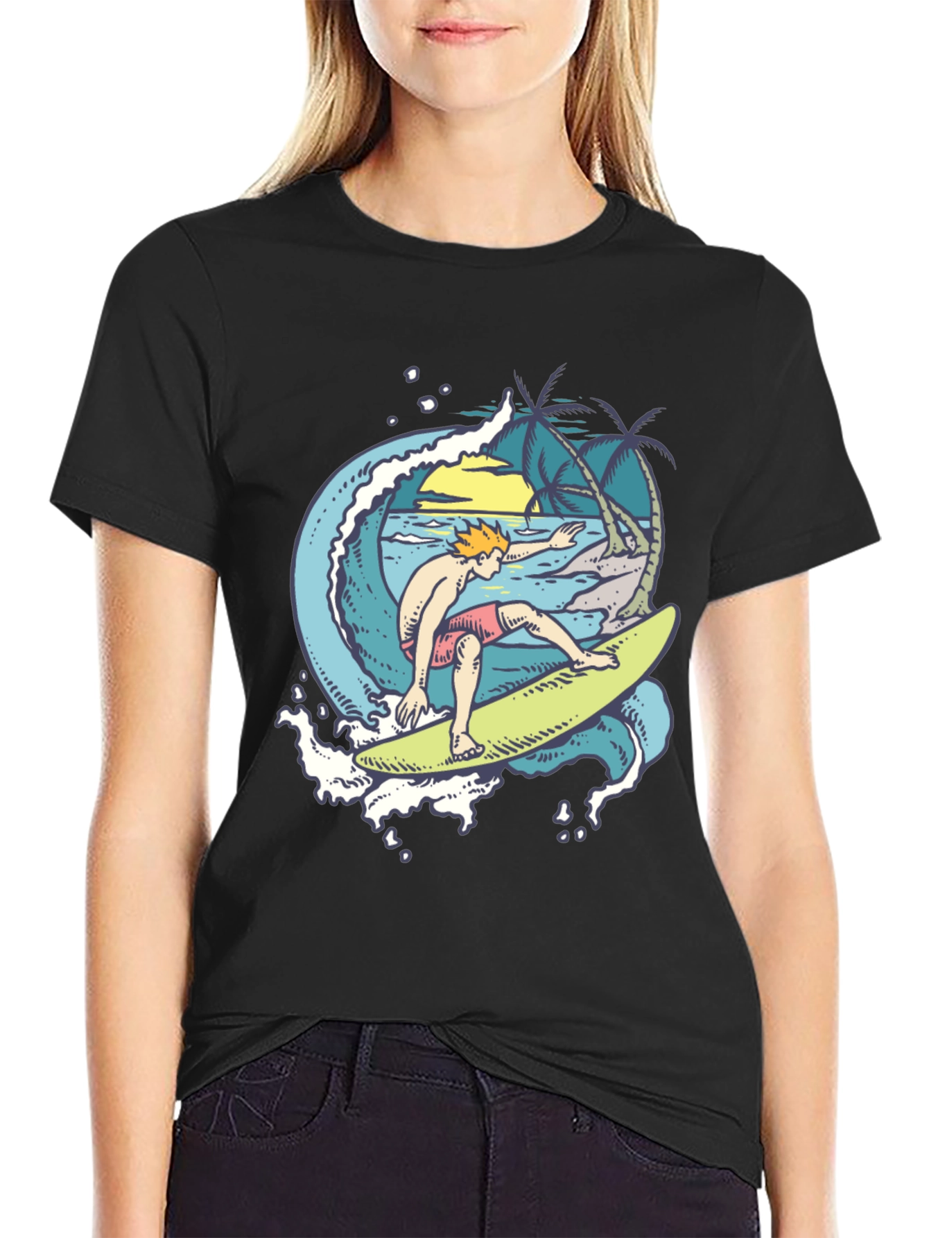 Surfer Wave Graphic Black T-Shirt